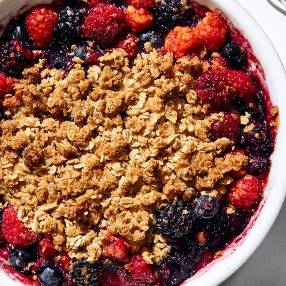A close-up view of Winter Berry Crumble revealing juicy berries beneath a crispy, golden-brown oat crumble, dusted with cinnamon and ready to serve.