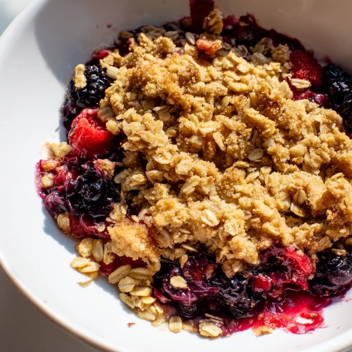 Hearty Winter Berry Crumble with bubbly, ruby-red berry filling and crunchy oat crumble topping, fresh from the oven with steam rising.