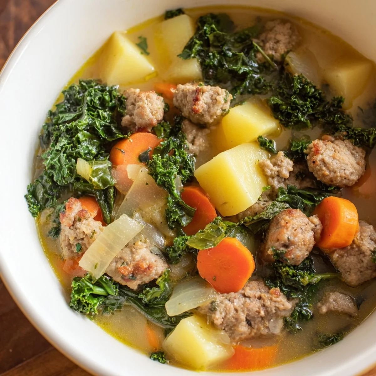 Skillet-cooked Turkey Sausage and Kale Soup with Potatoes simmers on the stove, ready to serve.