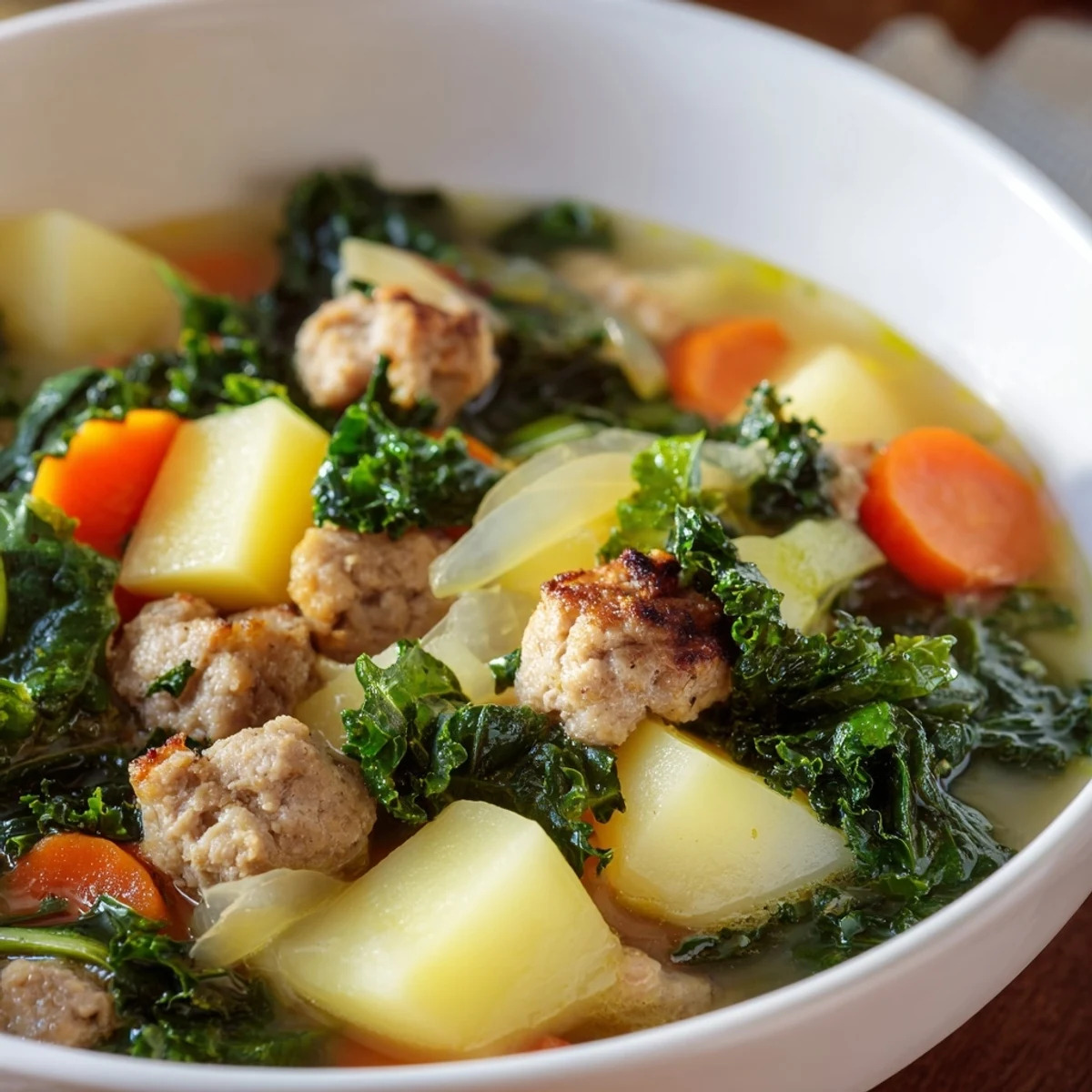 A ladle serves Turkey Sausage and Kale Soup into rustic bowls, garnished with fresh herbs.