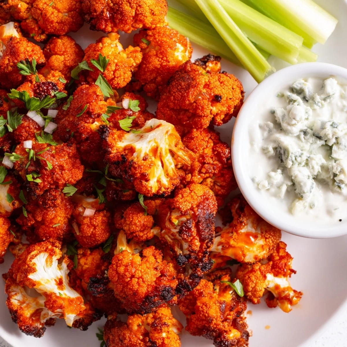 Spicy Buffalo Cauliflower Bites with Blue Cheese dip on a platter, garnished with parsley and ready to eat.