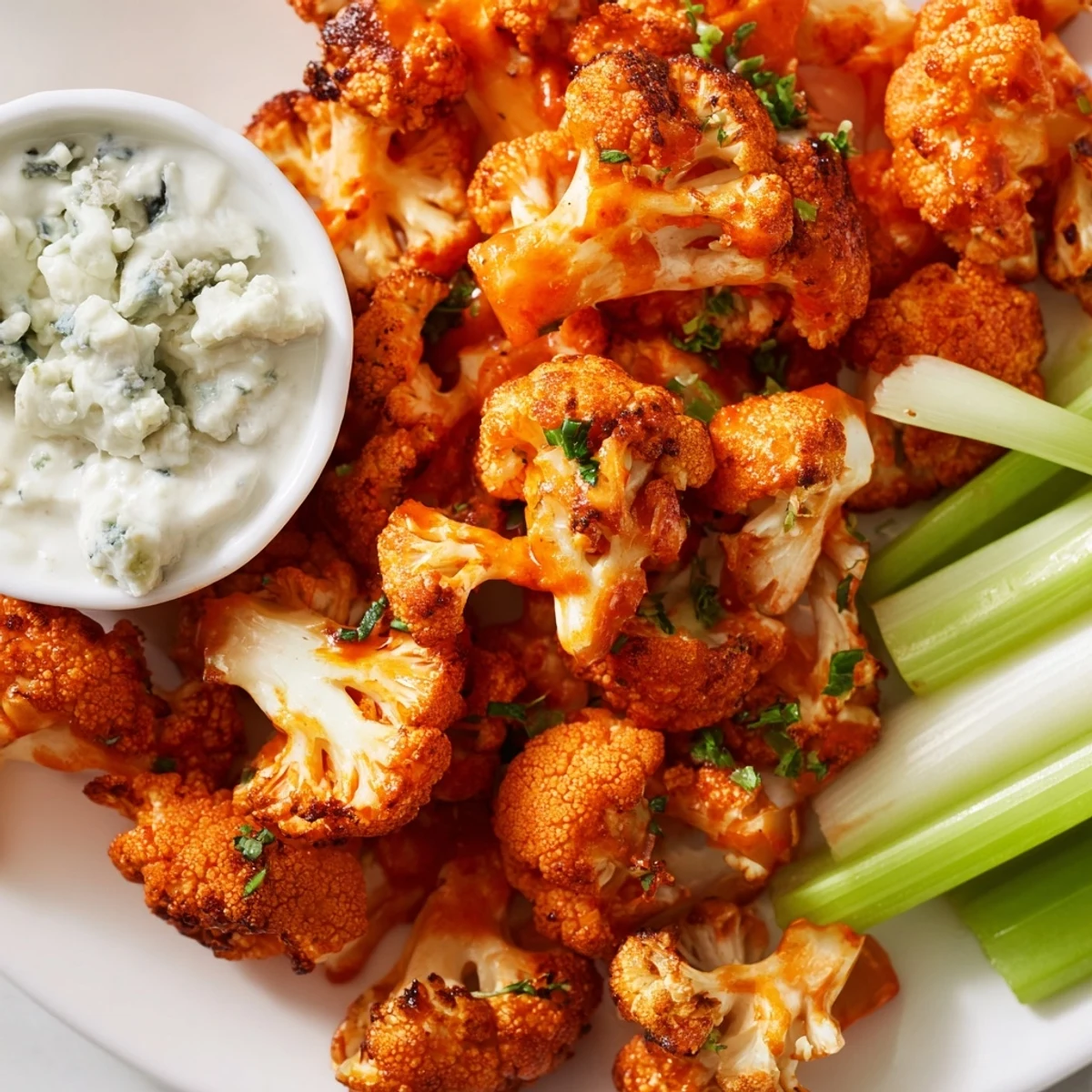 Golden crispy baked Spicy Buffalo Cauliflower Bites served with creamy blue cheese dip and fresh celery sticks.