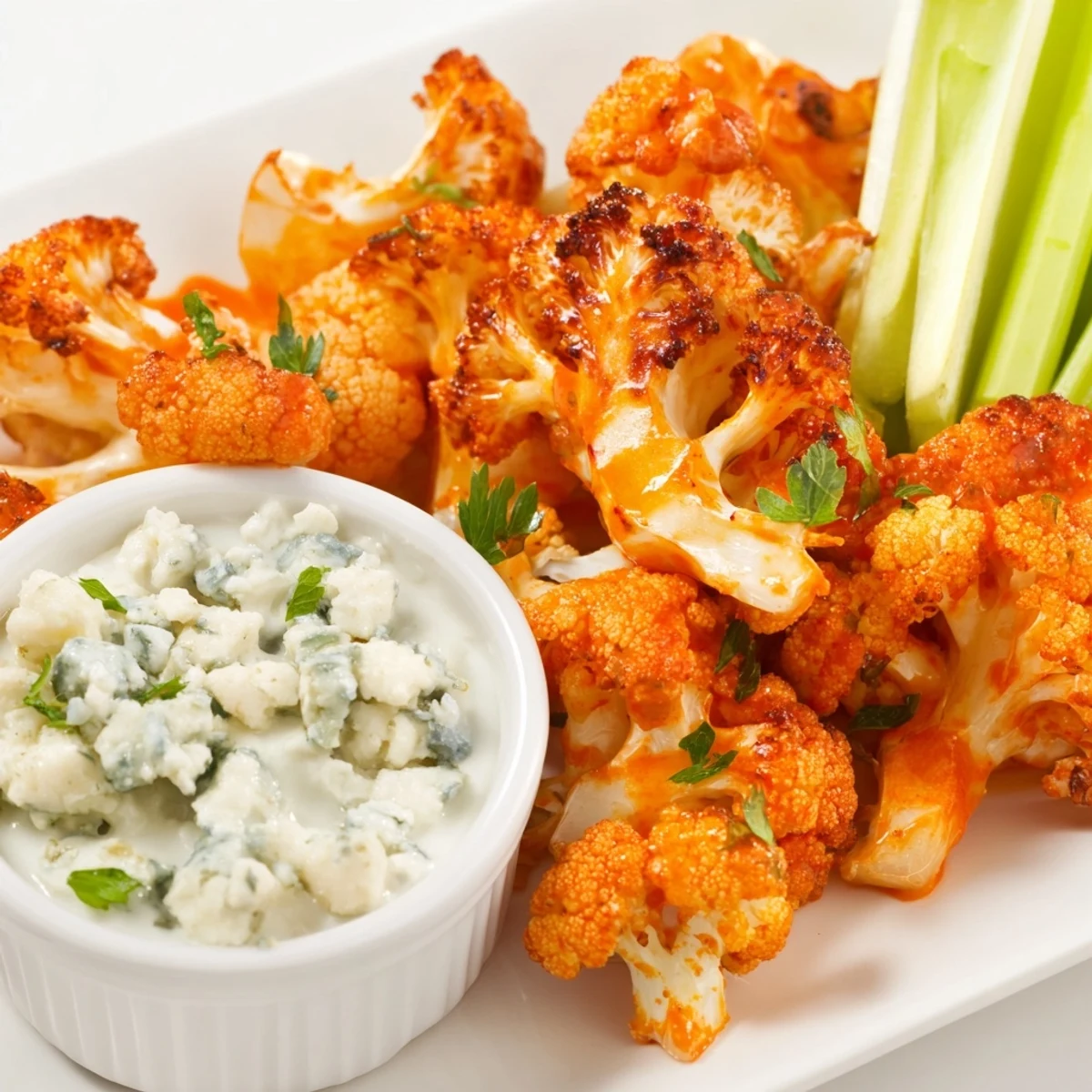 Hot baked Spicy Buffalo Cauliflower Bites tossed in sauce, paired with chunky blue cheese dip for game day snacking.