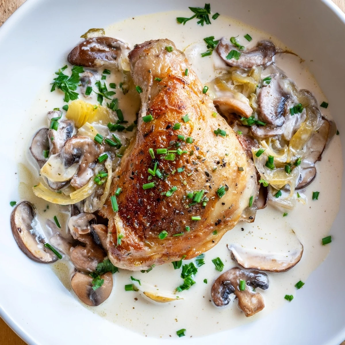 Golden-brown chicken thighs with crispy skin rest in a creamy garlic mushroom sauce, topped with fresh chopped parsley.