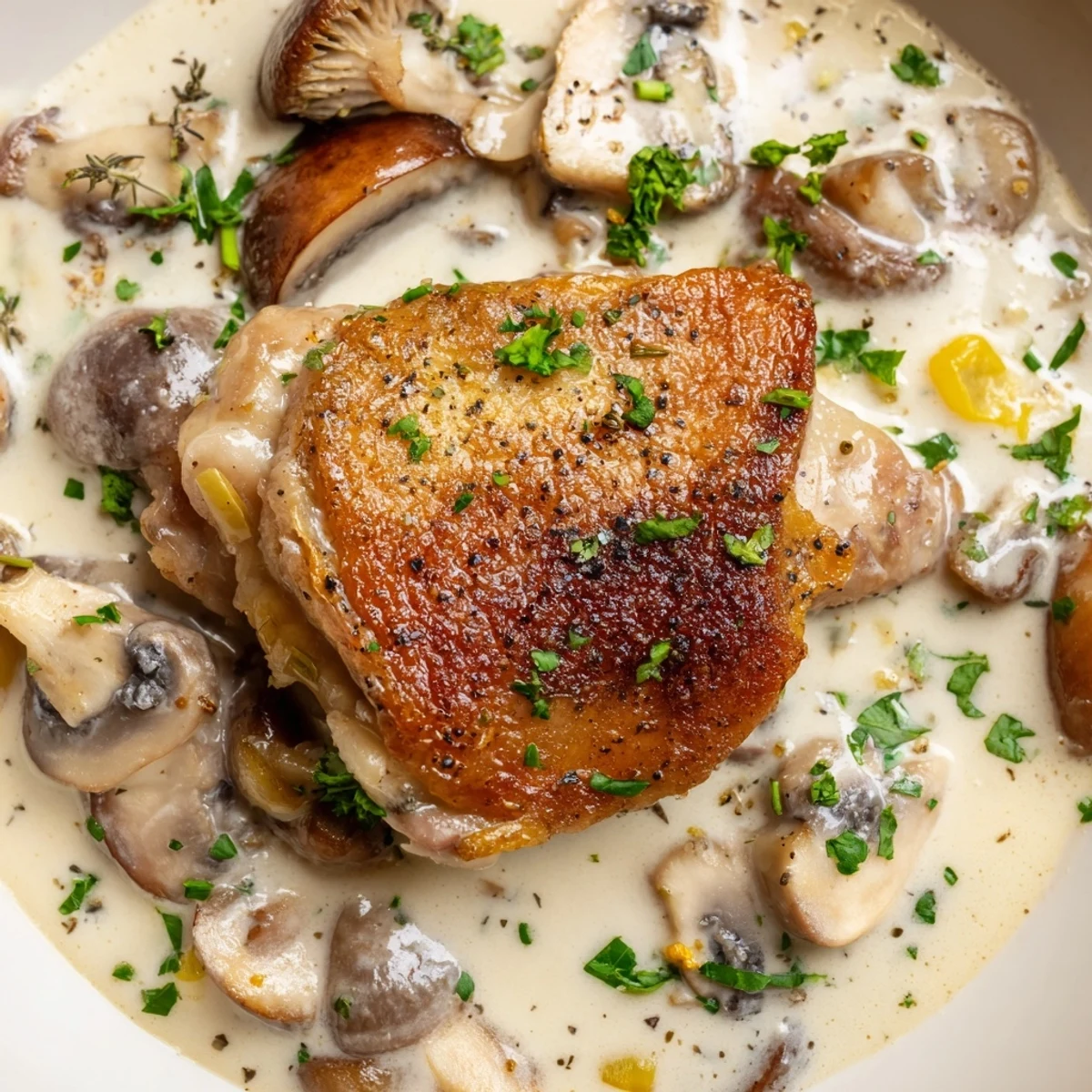 Savory Creamy Garlic Mushroom Chicken Thighs with Herbs are served alongside fluffy mashed potatoes in a rustic bowl.