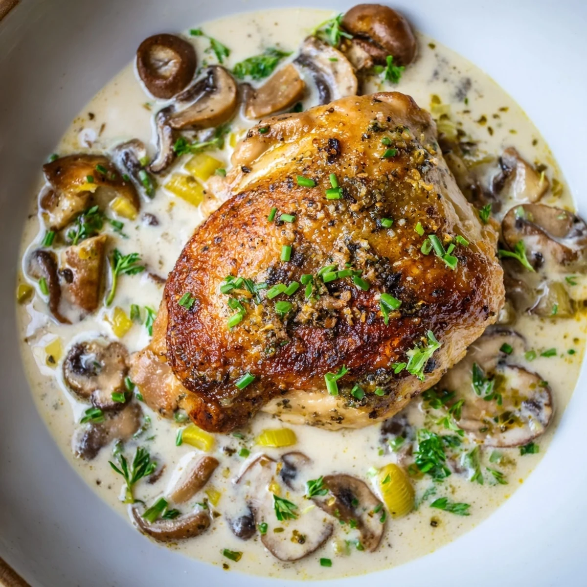 A close-up of Creamy Garlic Mushroom Chicken Thighs with Herbs reveals tender meat and a rich, herb-flecked pan sauce.