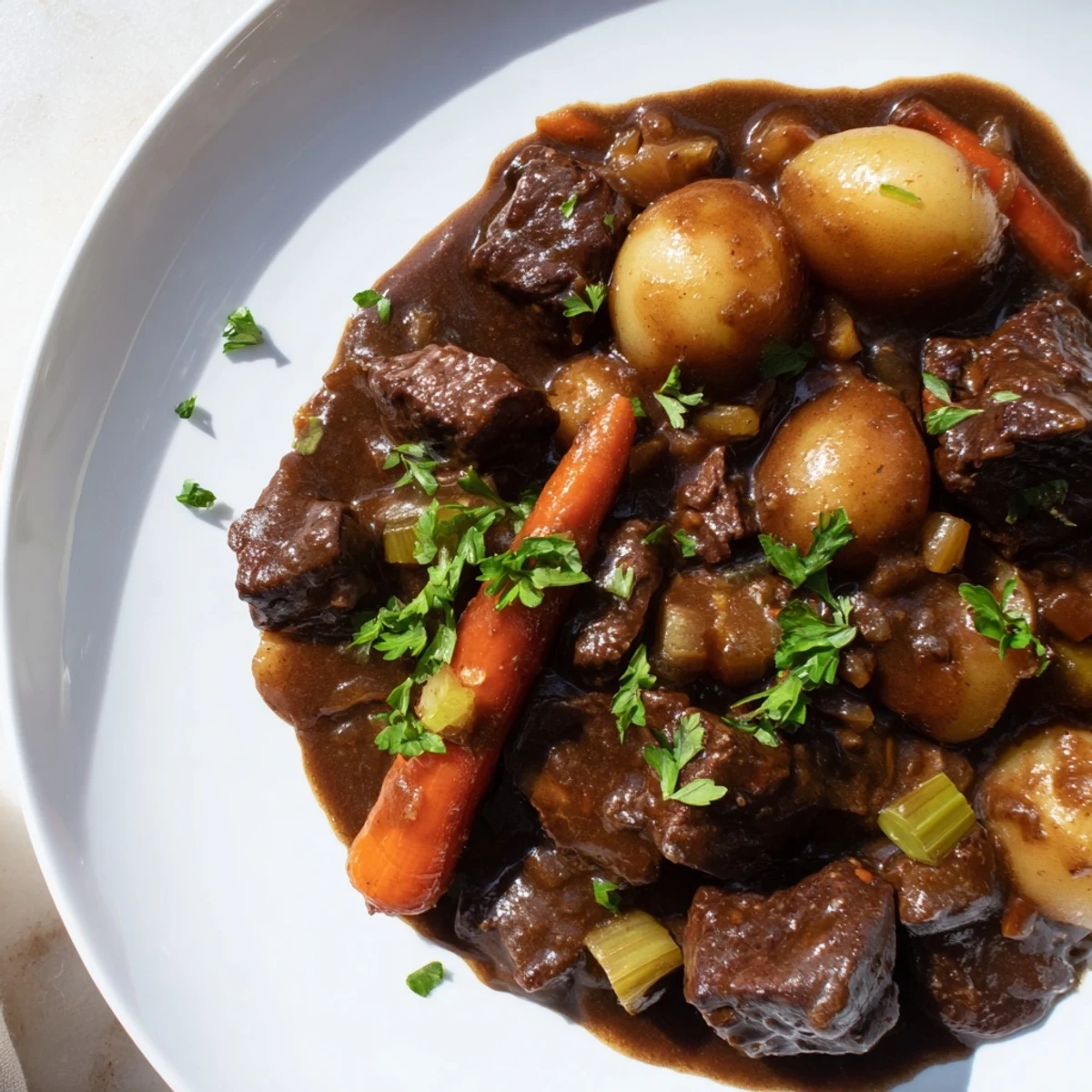 A hearty bowl of Guinness-Style Alcohol-Free Beef Stew, featuring tender beef chunks and root vegetables in a rich, dark broth.