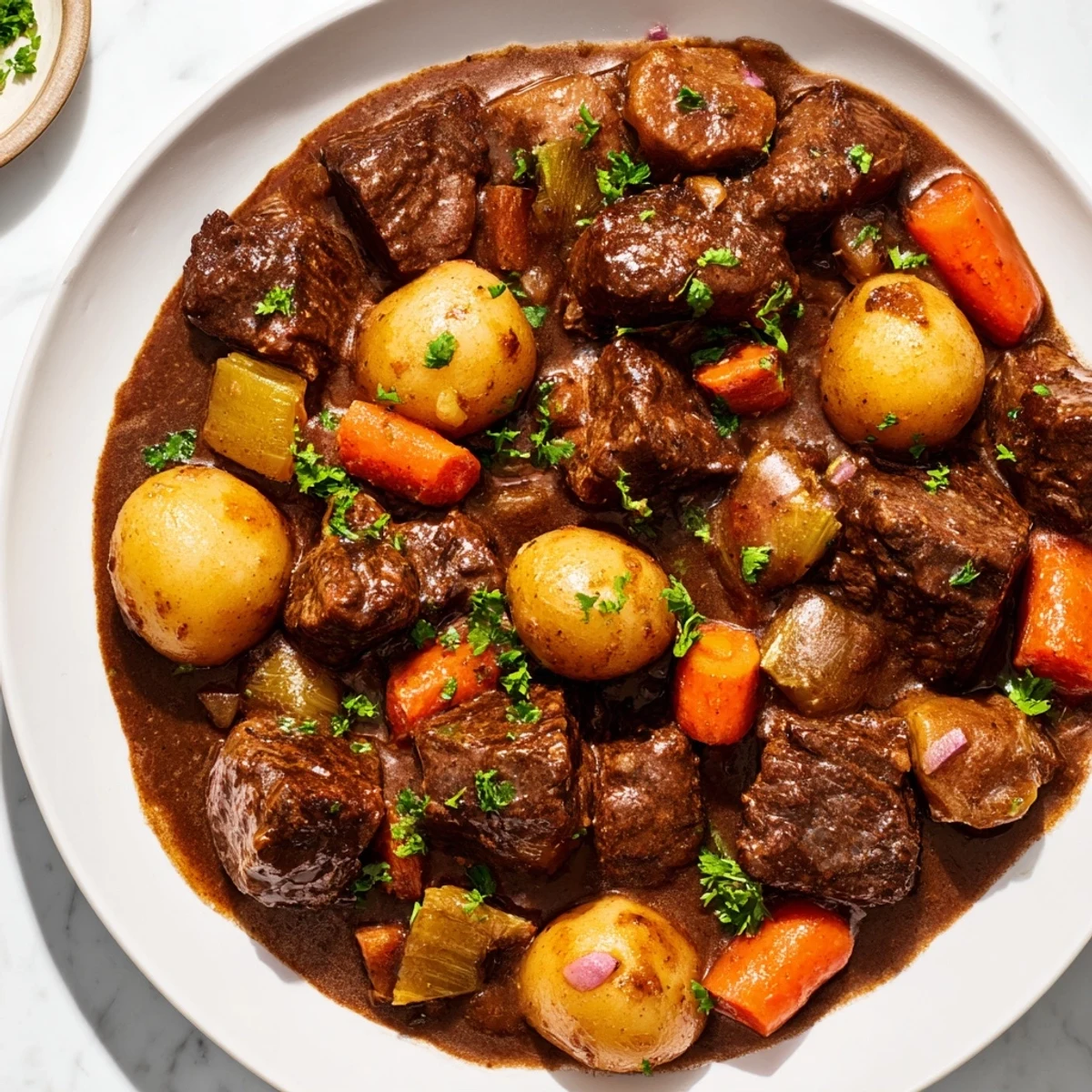 Serving of Guinness-Style Alcohol-Free Beef Stew garnished with fresh parsley, ready to be enjoyed with crusty bread on the side.