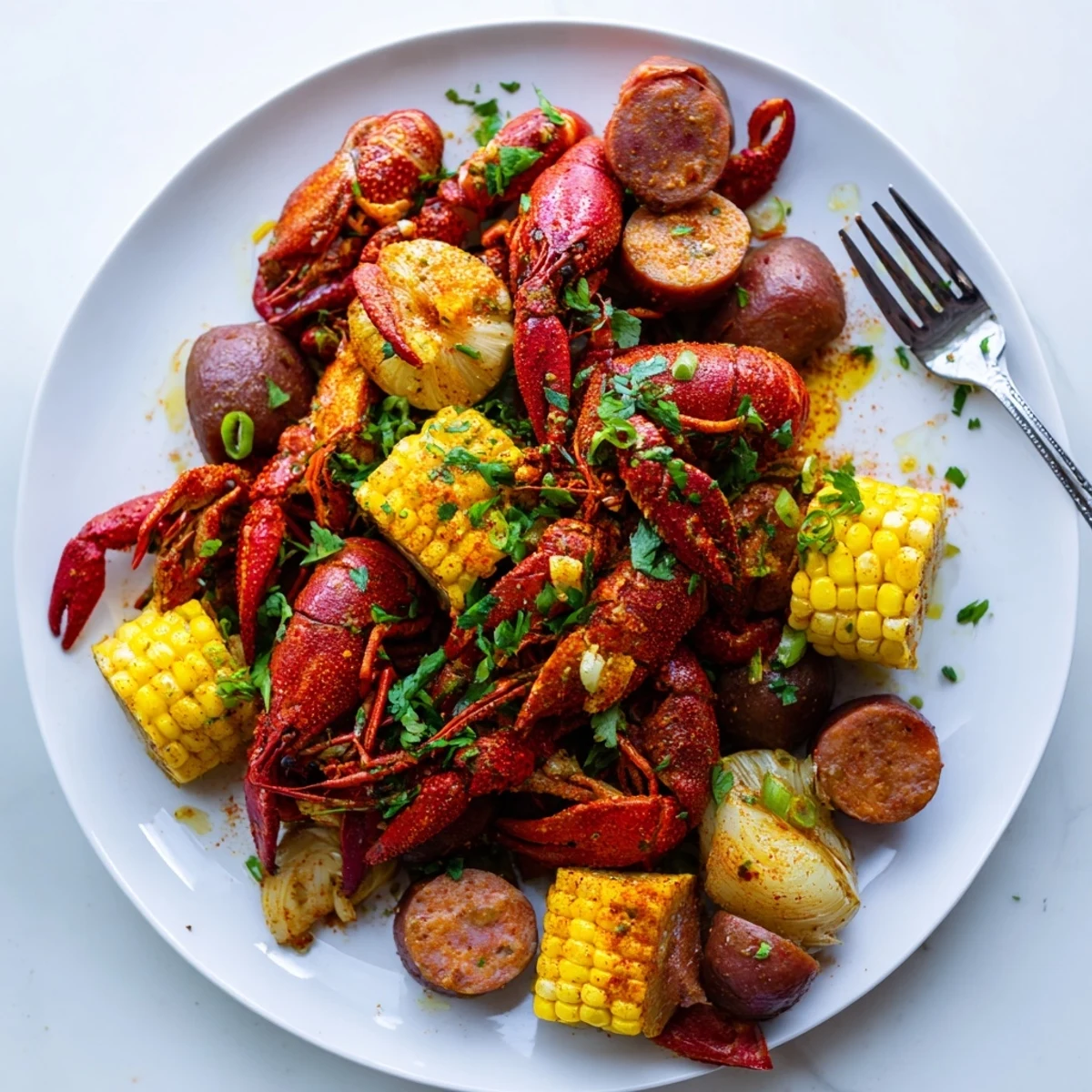 Hearty Southern-style Spicy Cajun Crawfish Boil features tender crawfish, spicy sausage, and vegetables in a flavorful, aromatic broth ready for a feast.