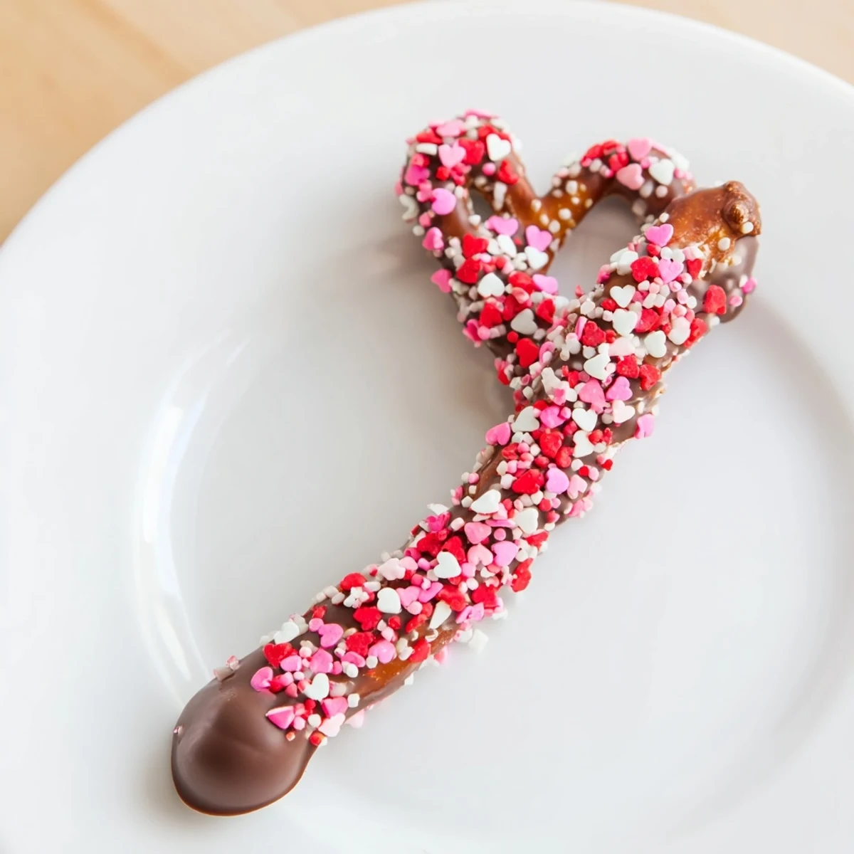 Pretzels are dipped in melted chocolate and topped with heart-shaped sprinkles on a baking sheet.  