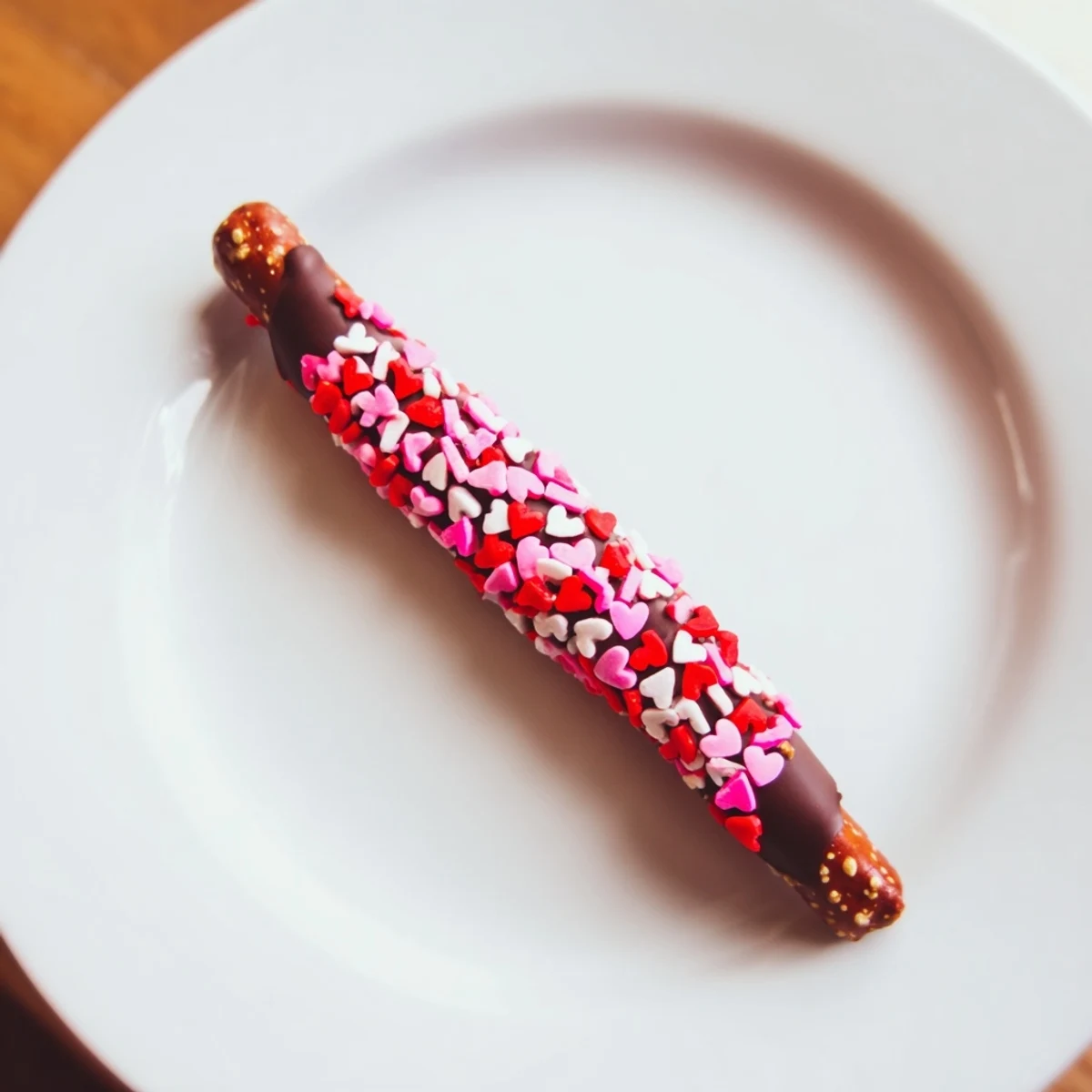 A close-up of Chocolate Dipped Pretzels with Heart Sprinkles being placed on parchment paper.