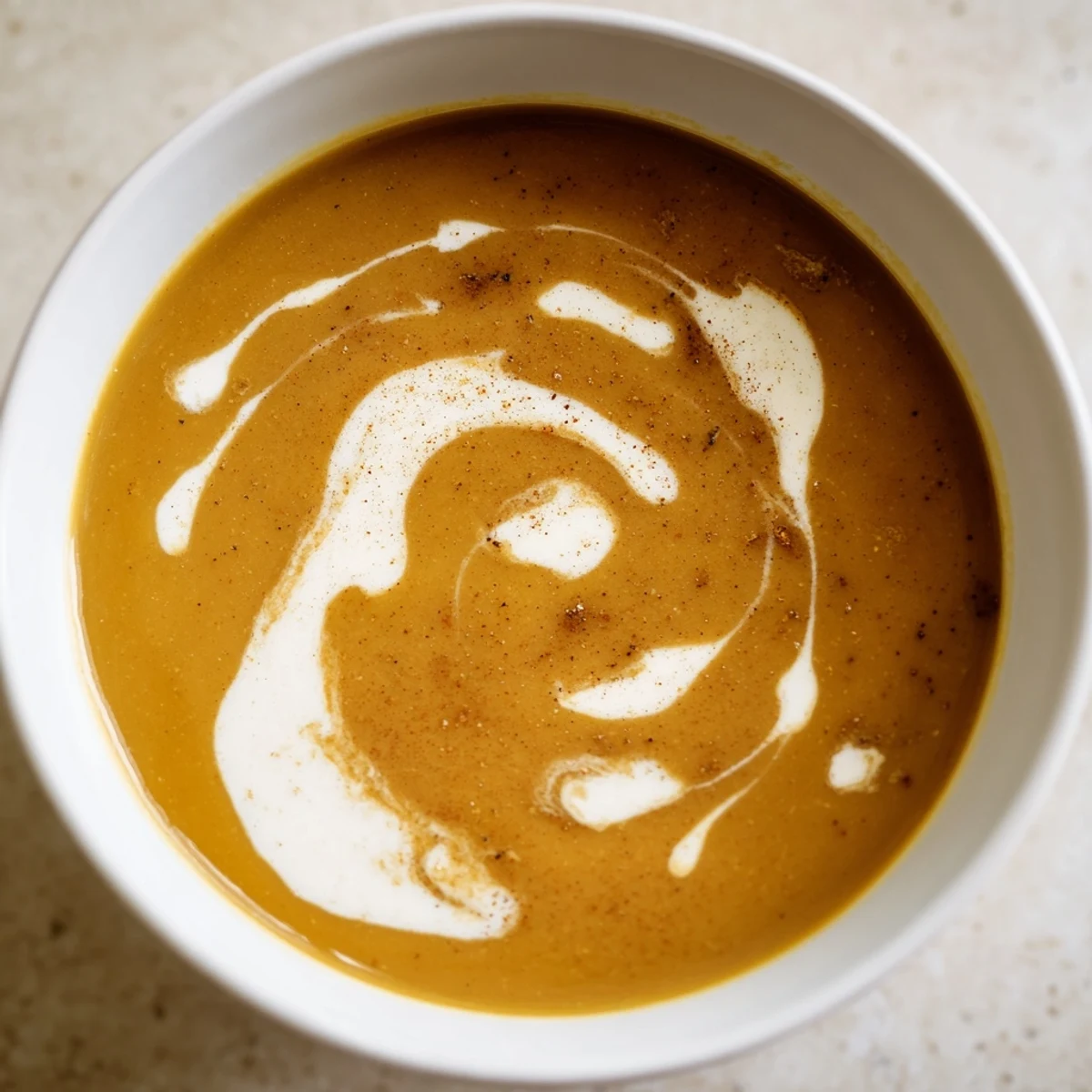 A bowl of creamy Roasted Butternut Squash and Apple Soup garnished with toasted pumpkin seeds and a swirl of fresh cream.