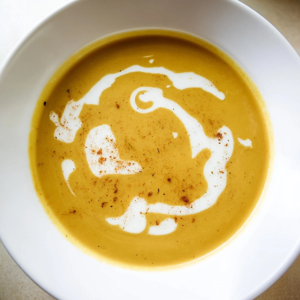 Smooth and velvety Roasted Butternut Squash and Apple Soup in a white bowl, topped with fresh thyme and pumpkin seeds.