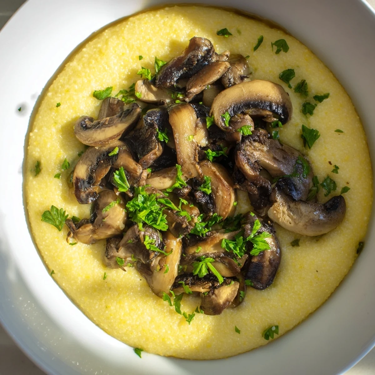 Golden, velvety creamy polenta served in a rustic bowl, generously topped with aromatic braised mushrooms and fresh parsley garnish for a comforting Italian vegetarian main dish.