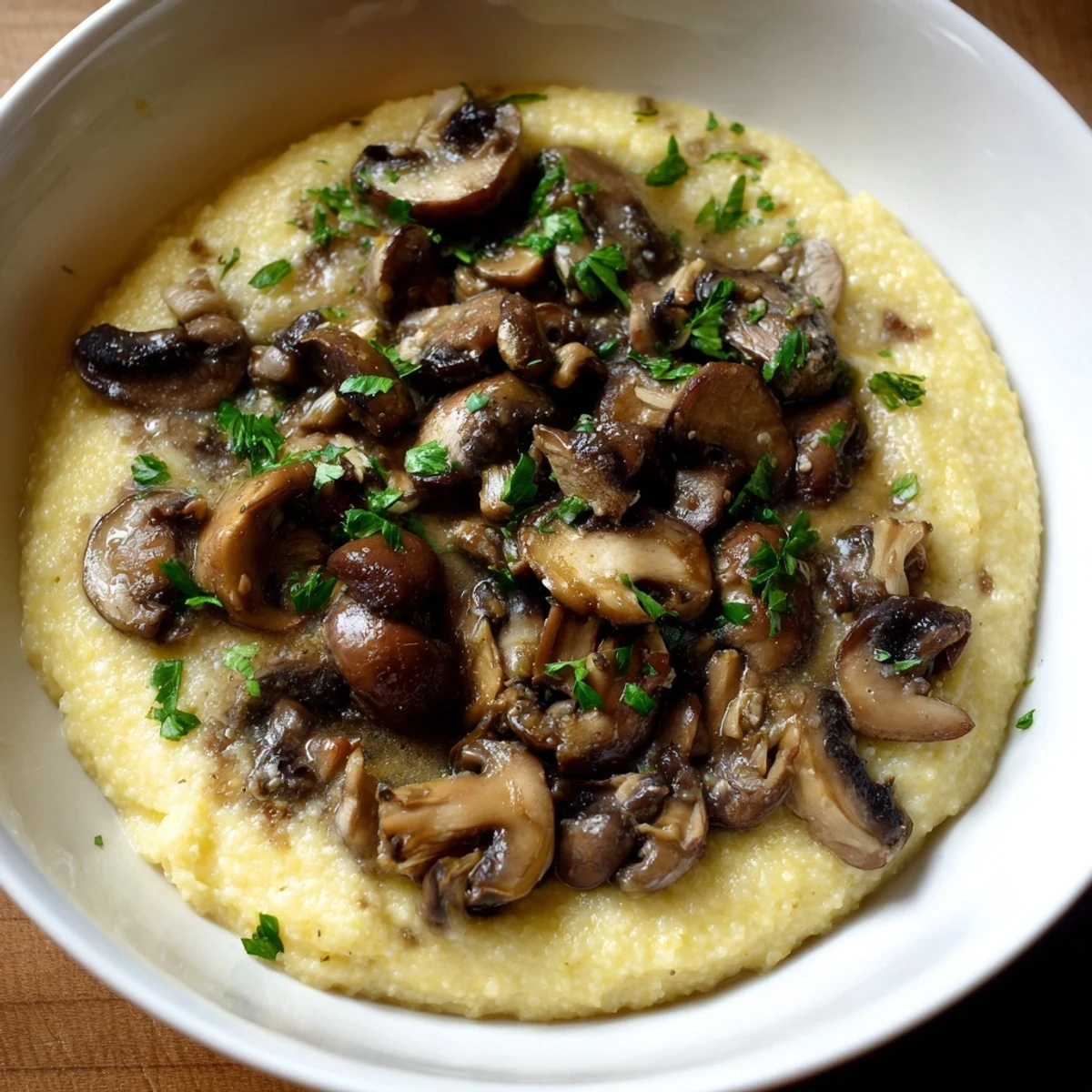 Hearty Italian creamy polenta with braised mixed mushrooms, simmered in white wine and herbs, creating a savory, glossy topping perfect for cozy autumn dinners.