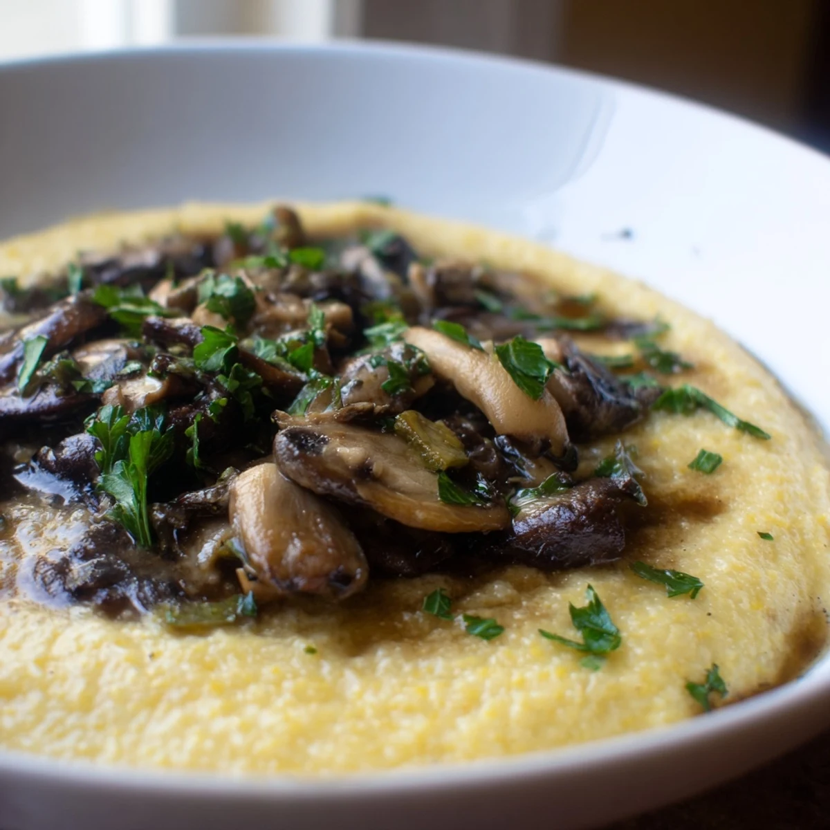 Freshly grated Parmesan melts into warm, creamy polenta, crowned with savory, garlicky braised mushrooms and thyme, offering a rich vegetarian and gluten-free main course option.
