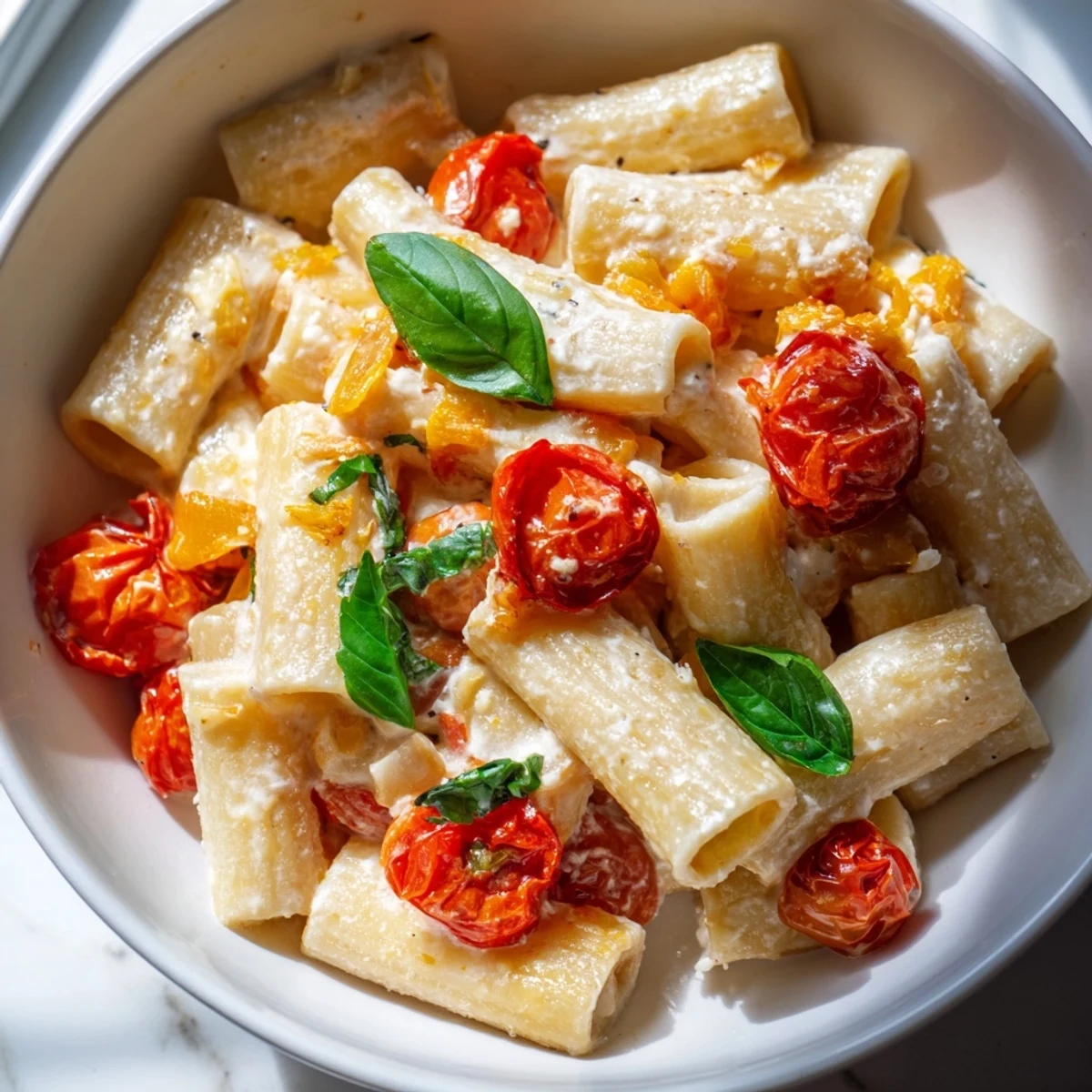 A close-up of baked feta pasta with cherry tomatoes shows a rich, reddish sauce clinging to noodles, garnished with torn basil leaves.