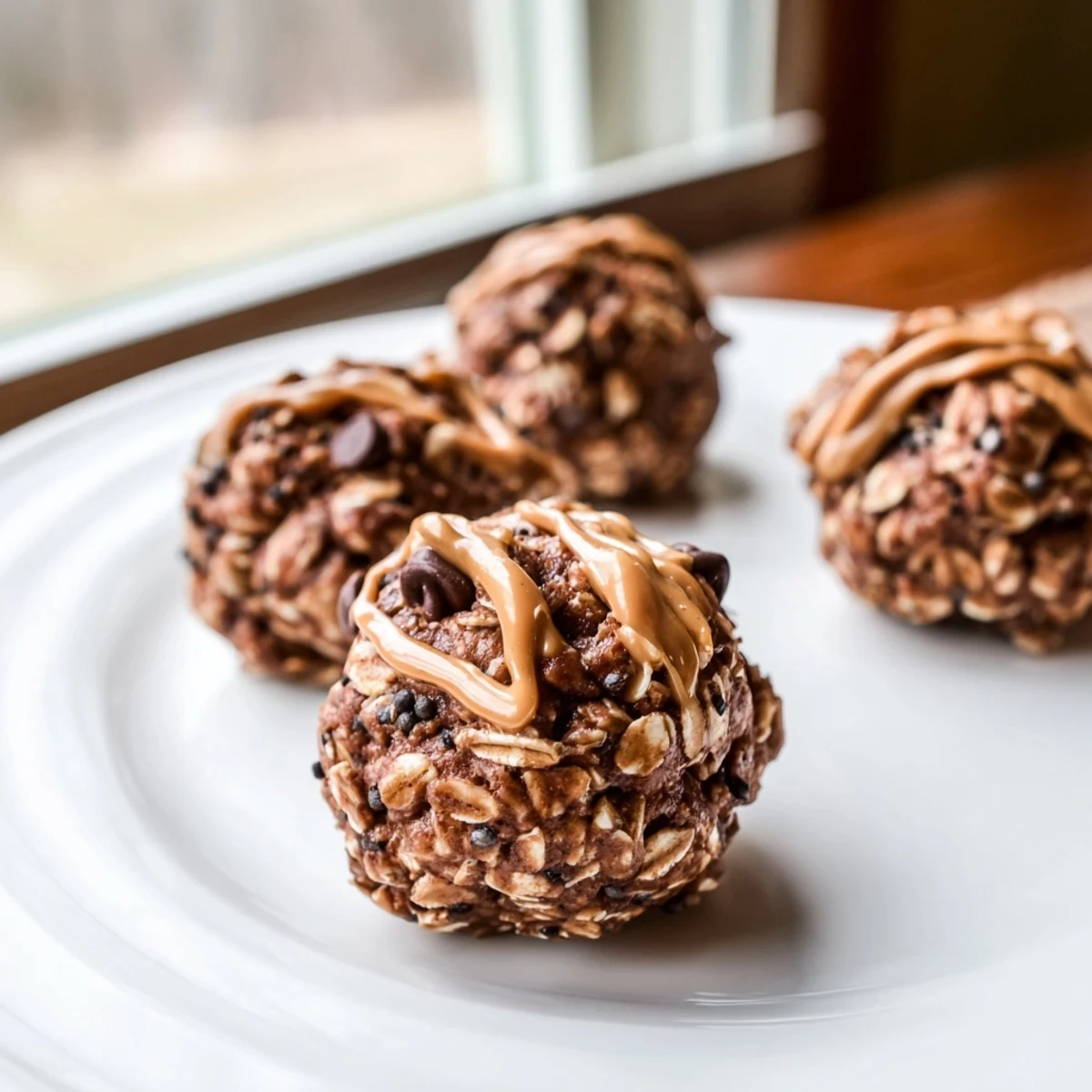 A close-up shot shows the rich chocolate and peanut butter energy bites with a sprinkle of chia seeds.