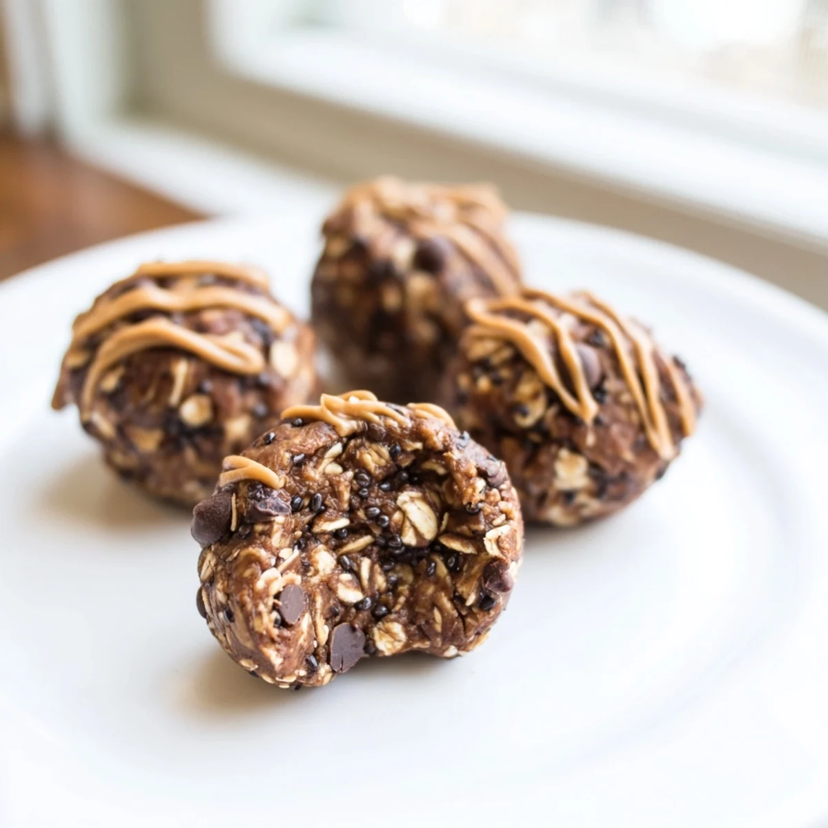 Quick 15-minute Chocolate Peanut Butter Energy Bites sit on a plate, perfect for a post-workout boost.