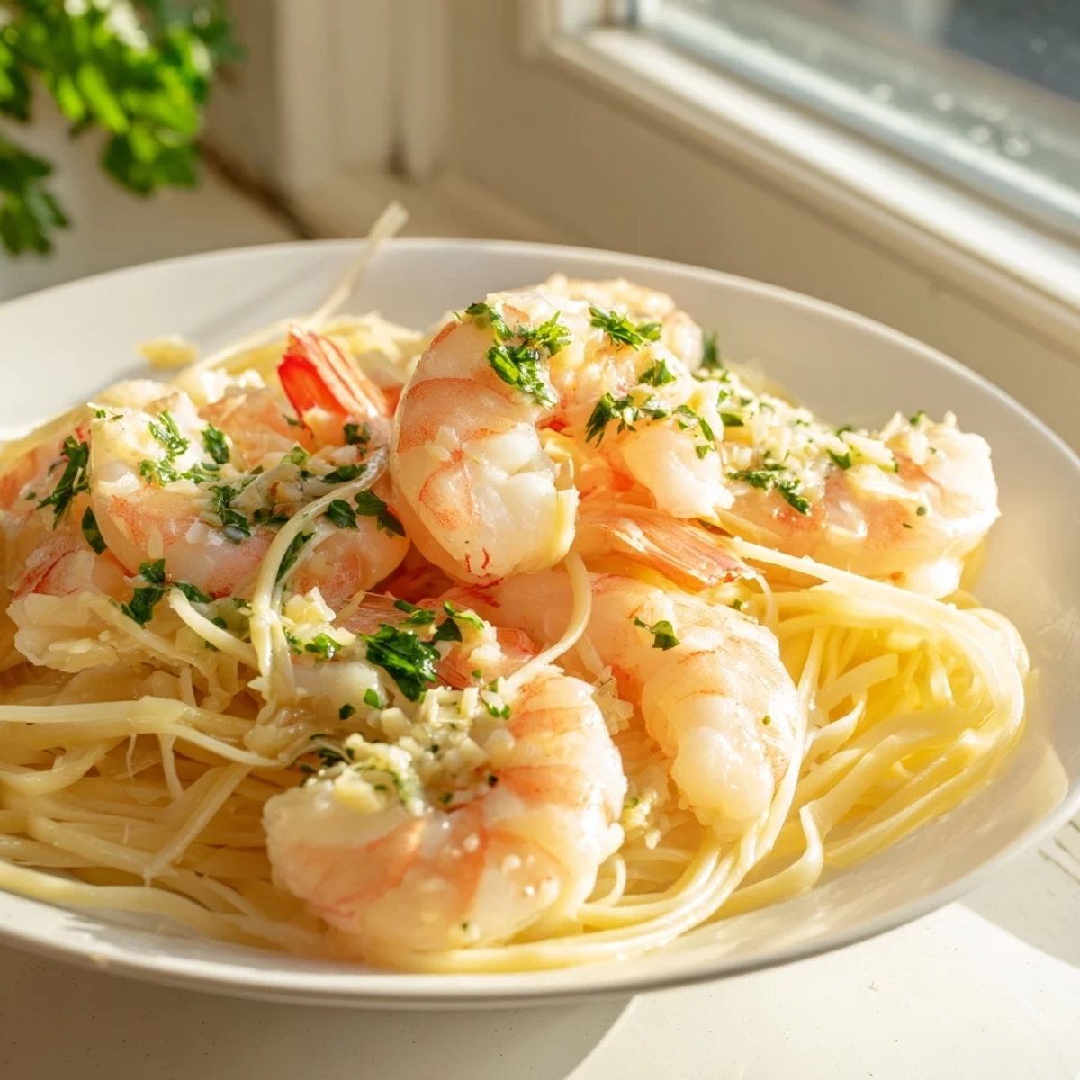 A vibrant plate of Lemon Garlic Shrimp Scampi with Parsley, featuring juicy pink shrimp tossed with linguine in a glossy, buttery lemon-garlic sauce.