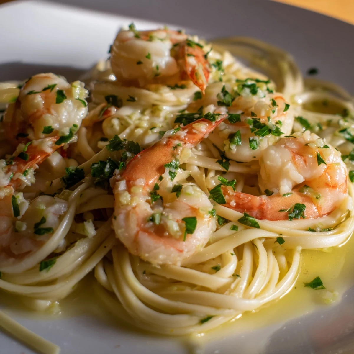 Freshly chopped parsley and lemon wedges garnish this savory Lemon Garlic Shrimp Scampi, highlighting the bright, zesty flavors of the Italian-American dish.