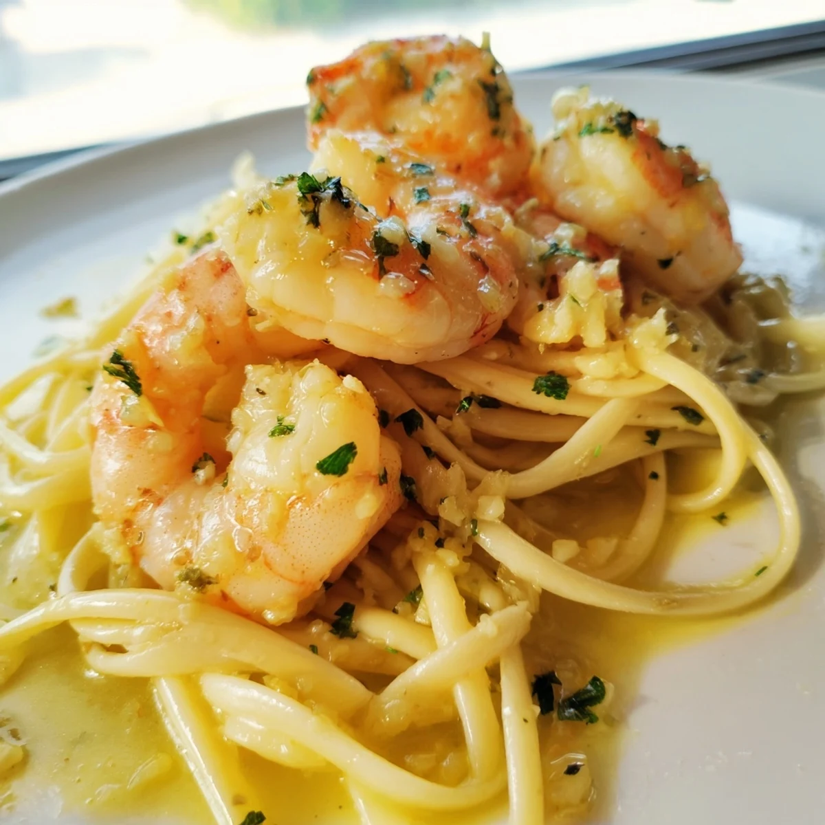 Close-up view of Lemon Garlic Shrimp Scampi with Parsley, showing tender shrimp and pasta coated in a rich, aromatic sauce perfect for a quick dinner.
