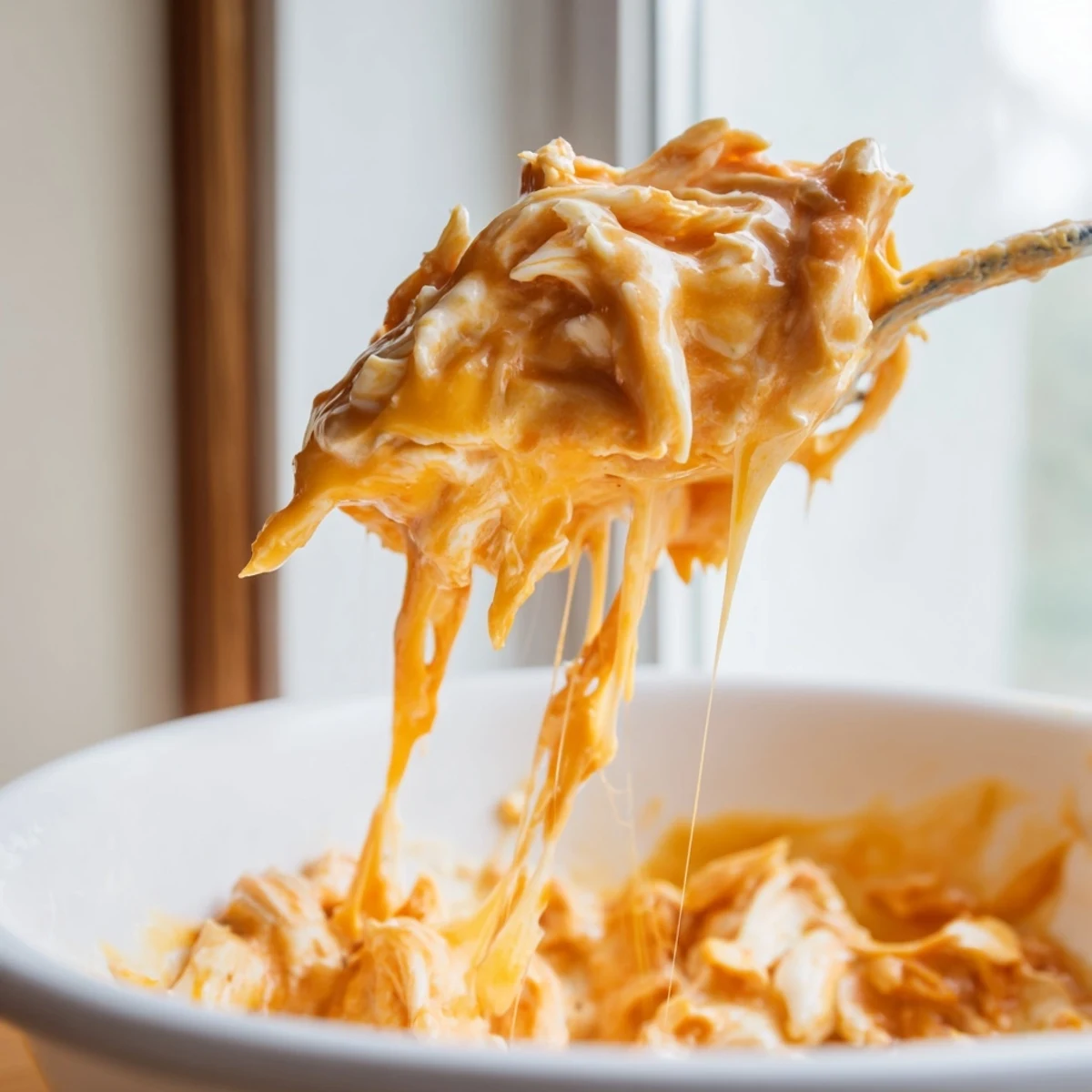 Golden baked Buffalo Chicken Dip topped with melted cheese and celery sticks ready for dipping.