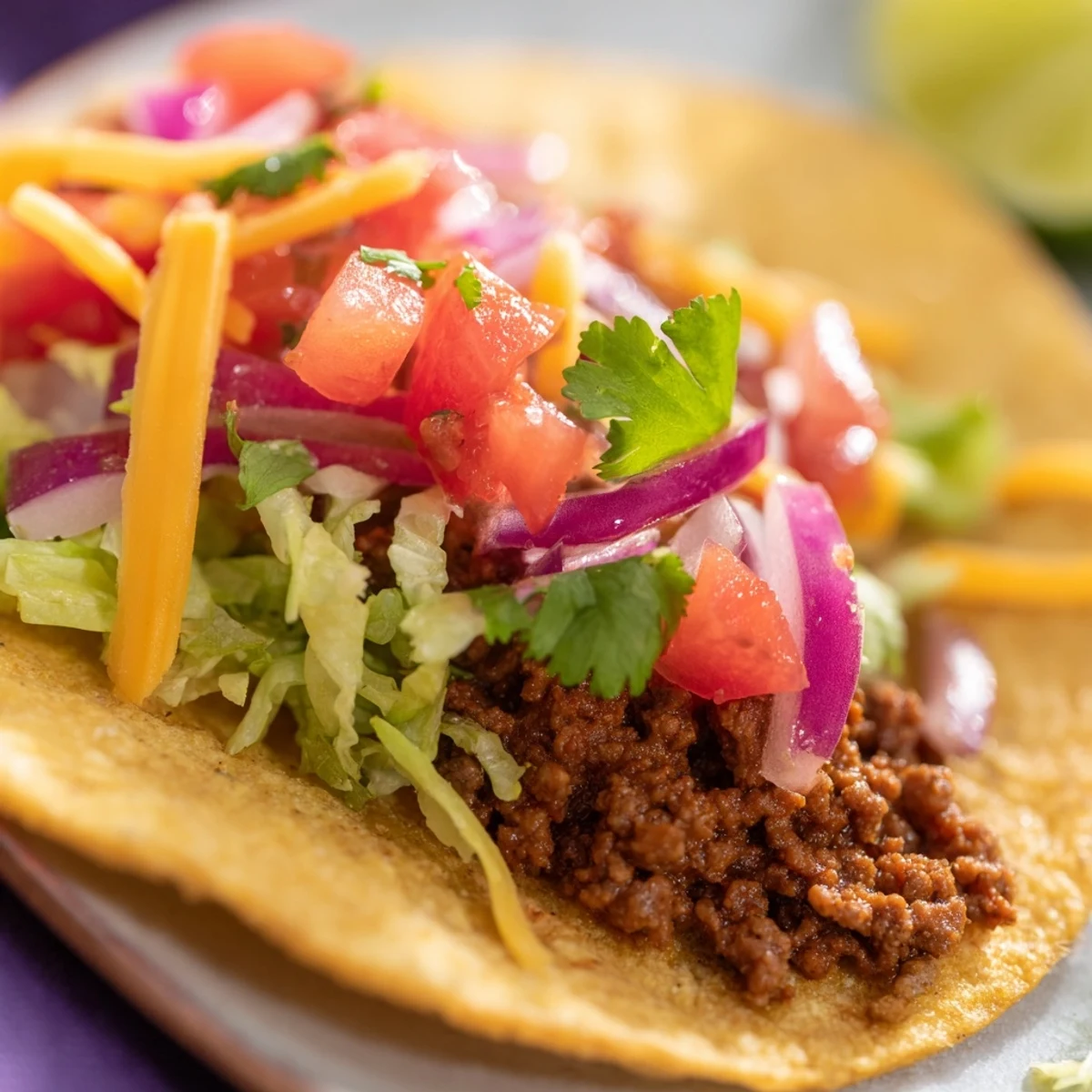 Juicy seasoned beef filling mounded in warm corn tortillas, topped with fresh homemade salsa, crisp lettuce, and melted cheese for easy taco night.  