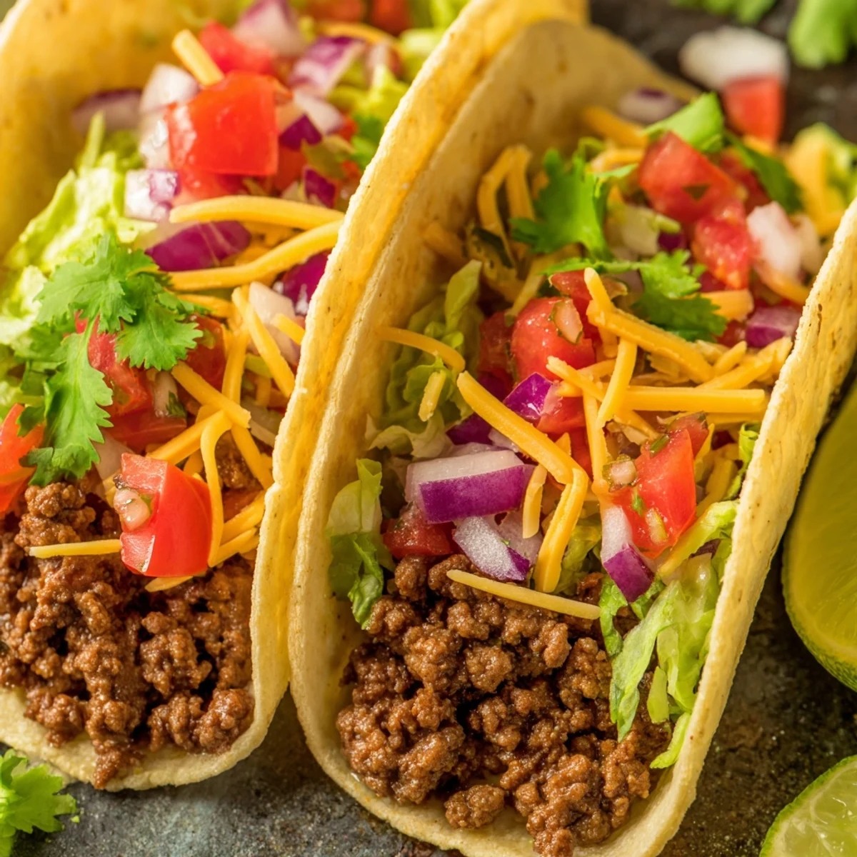 Ground beef simmered in a zesty homemade seasoning blend, served in soft tortillas with vibrant fresh salsa, shredded lettuce, and sour cream.  