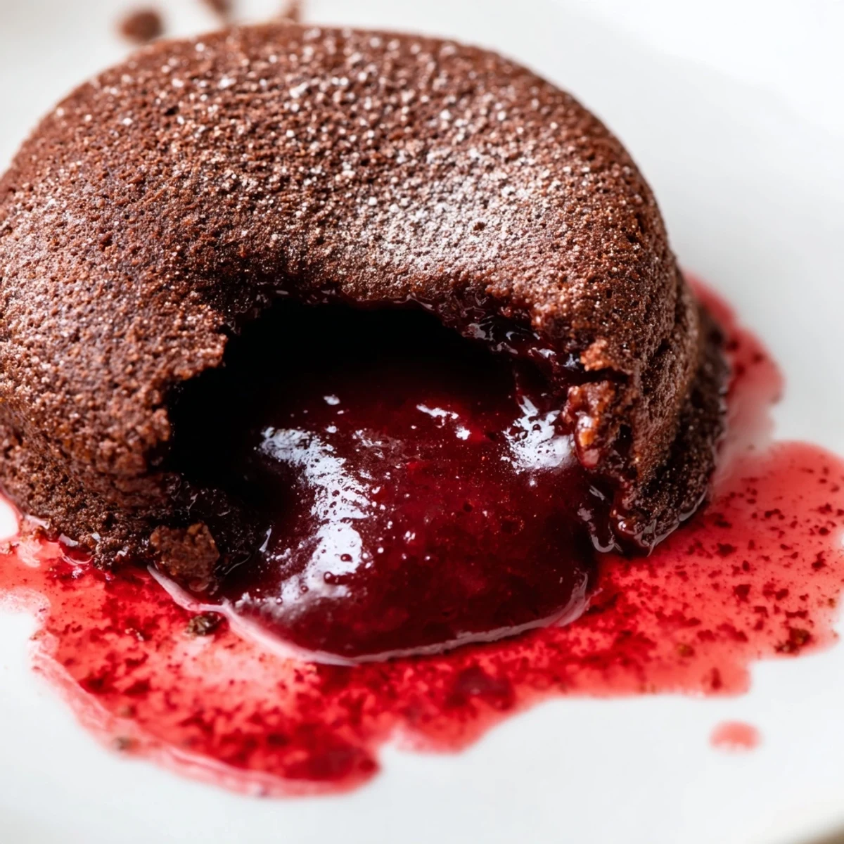 Golden-brown Chocolate Lava Cakes with Raspberry Coulis in ramekins, garnished with fresh raspberries and mint for an elegant presentation. 