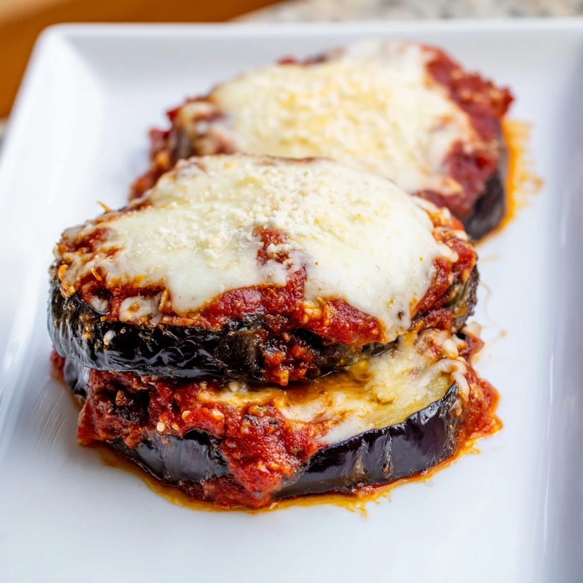 Golden, baked eggplant slices layered with rich marinara sauce and bubbling mozzarella in a casserole dish for a classic Vegetarian Eggplant Parmesan.  