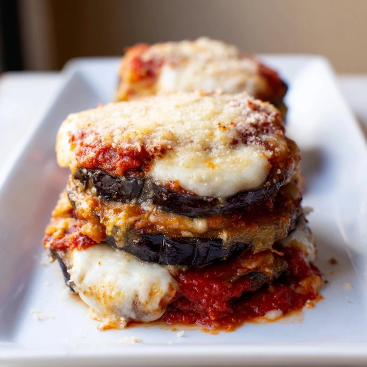 Vegetarian Eggplant Parmesan with golden breadcrumbs, marinara, and melted cheese, served hot from the oven on a rustic table.  