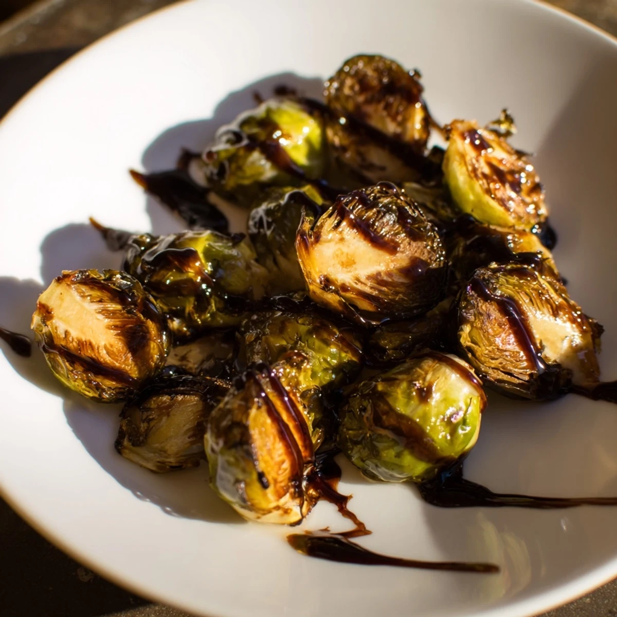 Roasted Brussels Sprouts with Balsamic Glaze served on a white plate, highlighting crispy, caramelized edges and a glossy drizzle.