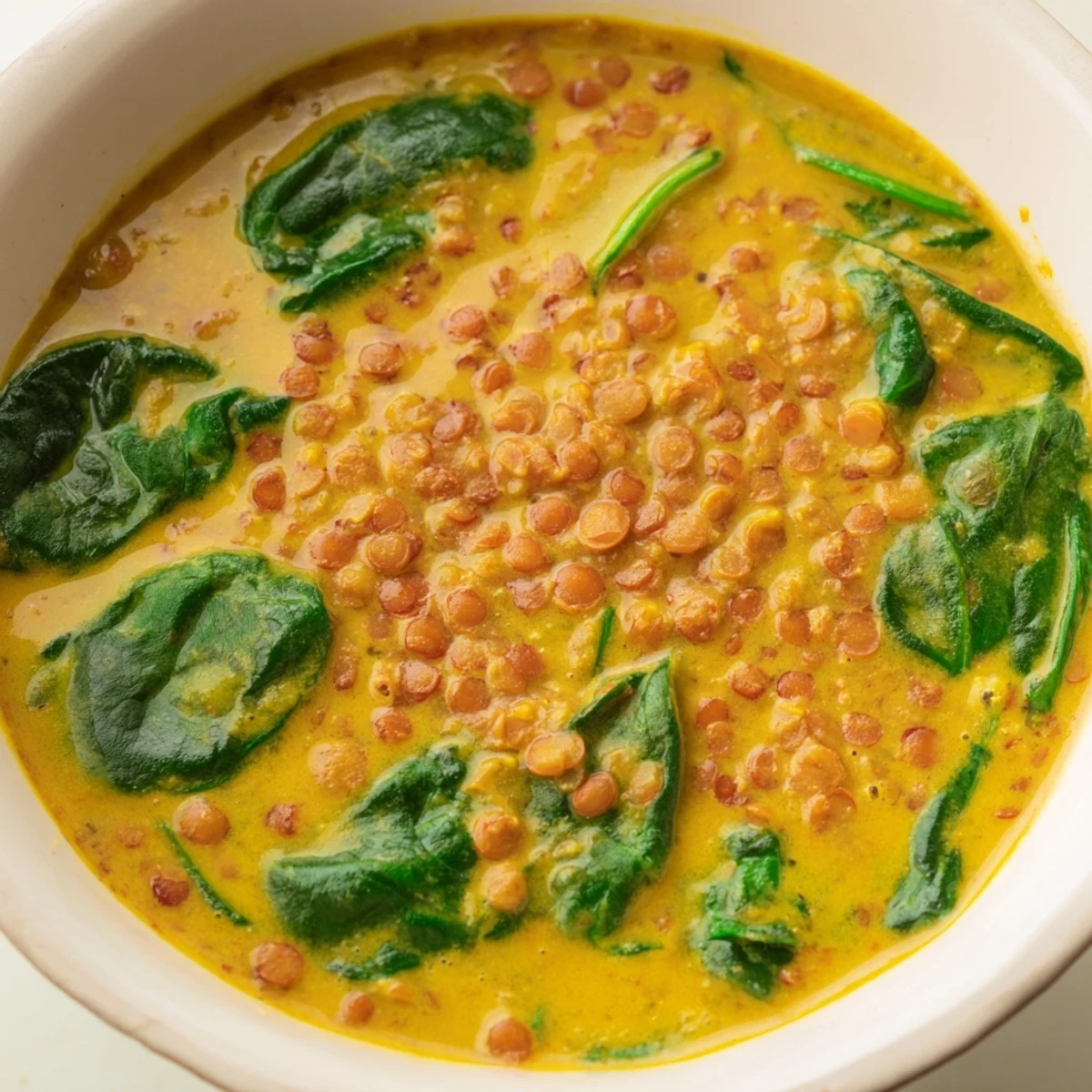 Creamy Coconut Curry Lentil Soup with Baby Spinach swirls in a pot, showing tender lentils and wilted greens simmered in aromatic coconut milk.  