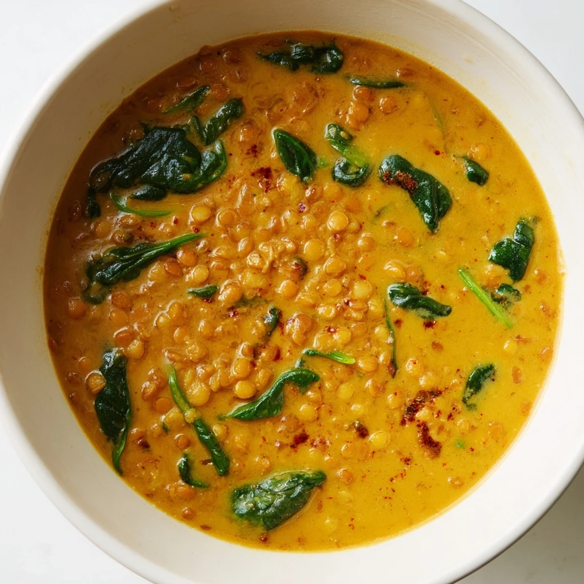 Steaming Coconut Curry Lentil Soup with Baby Spinach in a rustic bowl, garnished with fresh cilantro and lime wedges on a cozy kitchen table.  