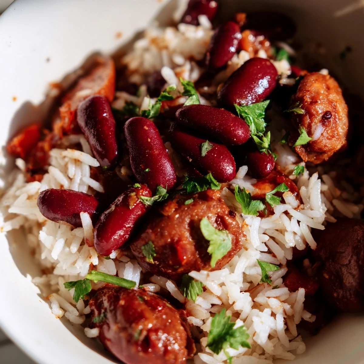 A close-up of Creole Rice and Beans with Sausage, featuring smoky Andouille slices nestled in creamy red beans and fluffy rice.