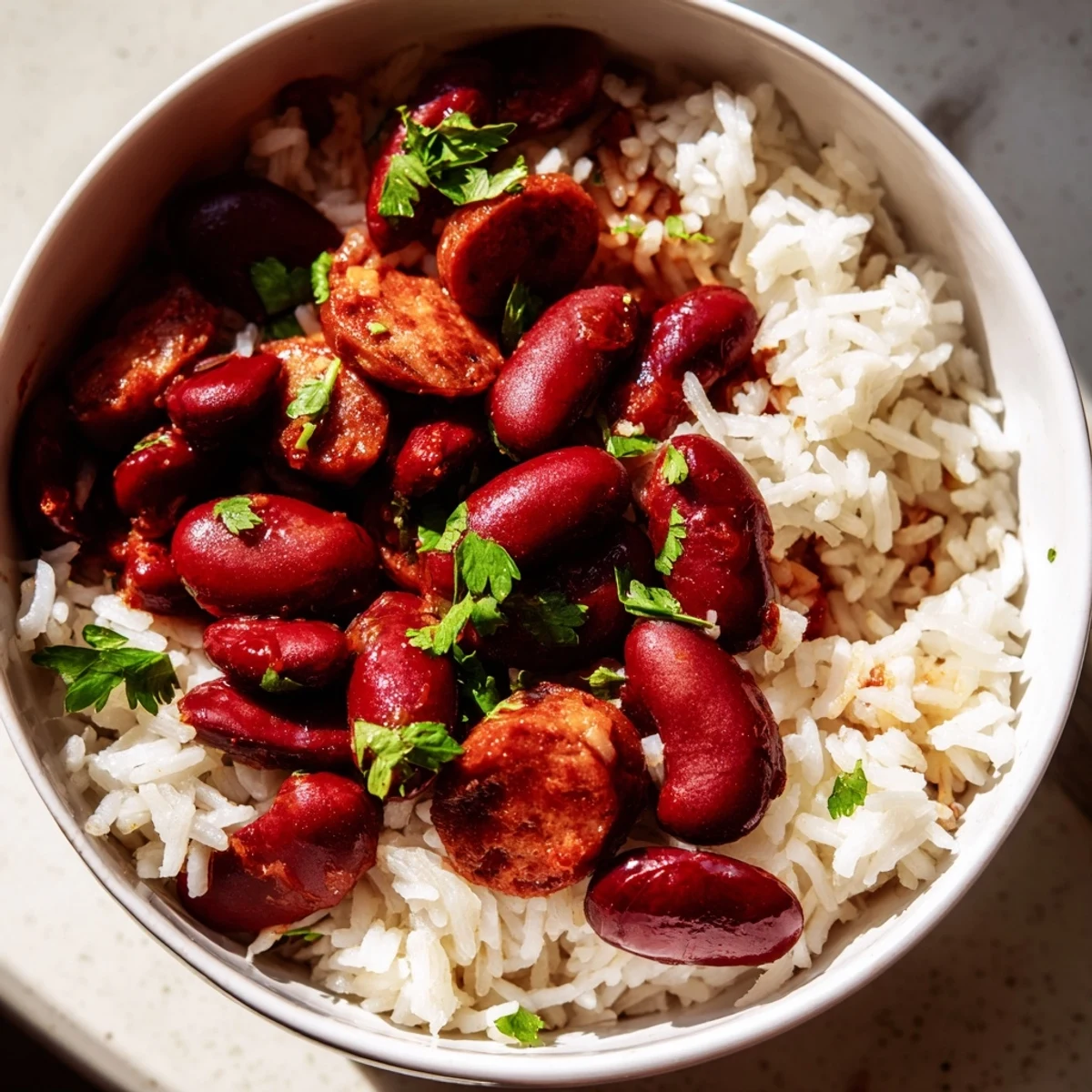 Steaming Creole Rice and Beans with Sausage served in a rustic bowl, garnished with fresh parsley and a side of hot sauce.