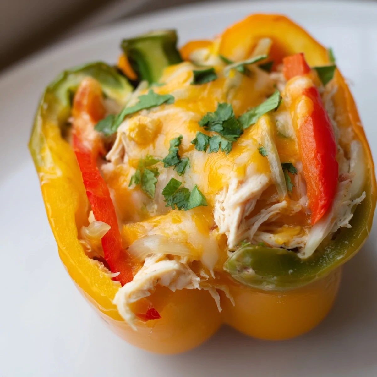 Four vibrant bell pepper halves brim with sizzling chicken fajita filling and melty cheese, a Tex-Mex delight.
