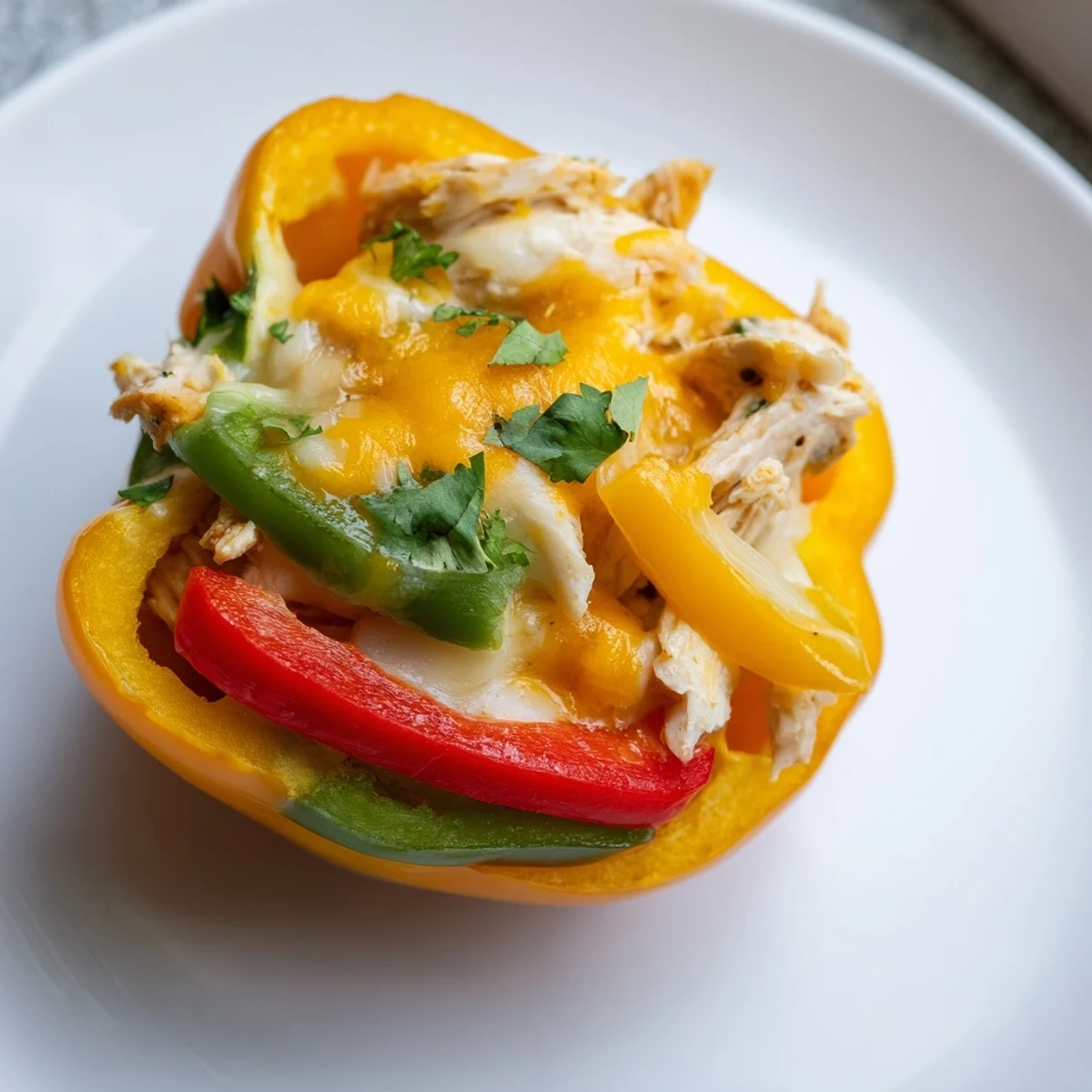 Juicy chicken and sautéed peppers stuffed into bell peppers, topped with bubbling cheddar and fresh cilantro garnish.