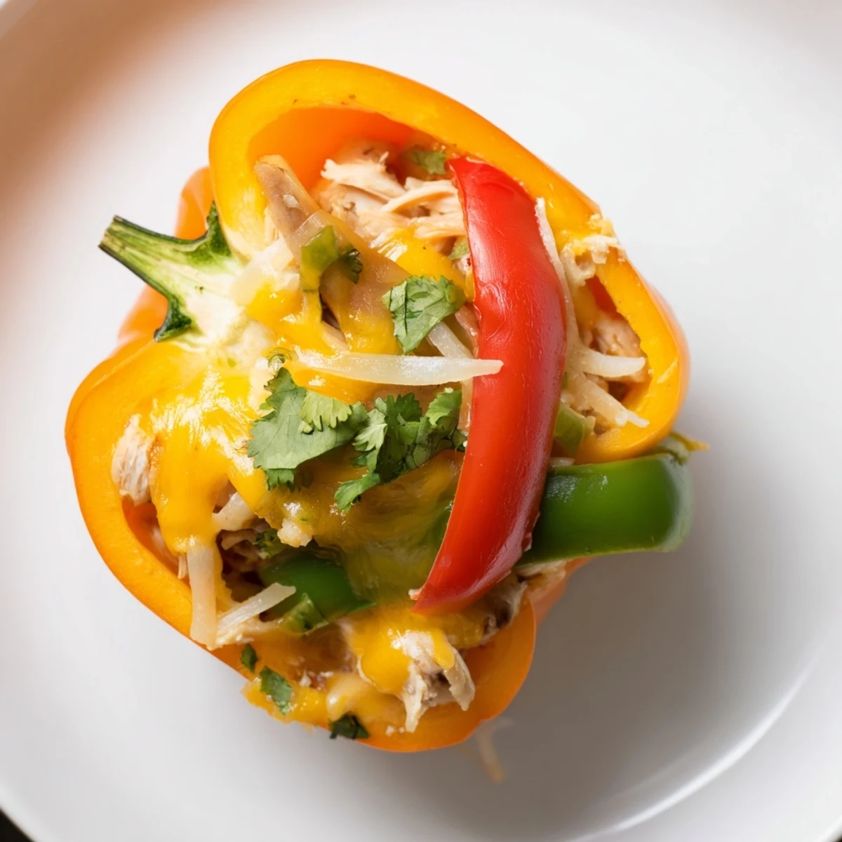 Baked bell peppers filled with seasoned chicken, onions, and peppers, served with lime wedges for a zesty finish.