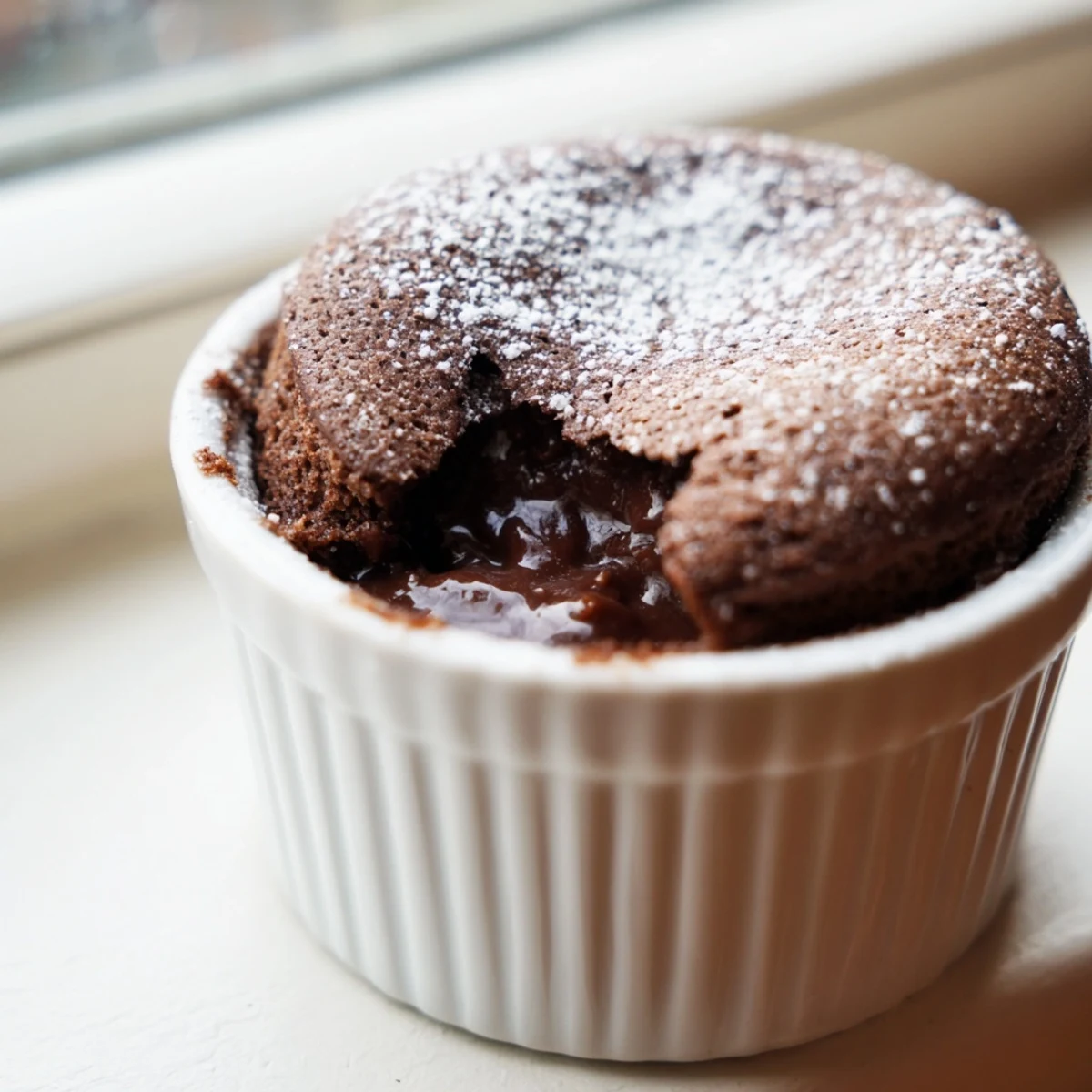 The perfectly puffed Valentine Chocolate Soufflé rises high in its ramekin, dusted with powdered sugar and ready to serve.