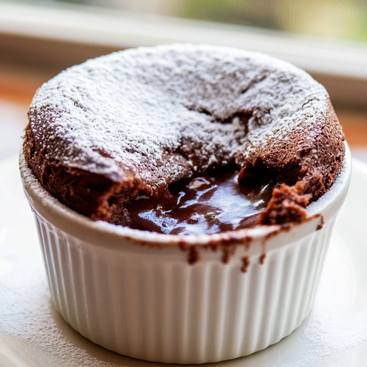 Fresh raspberries and a light dusting of powdered sugar top the warm, airy Valentine Chocolate Soufflé.