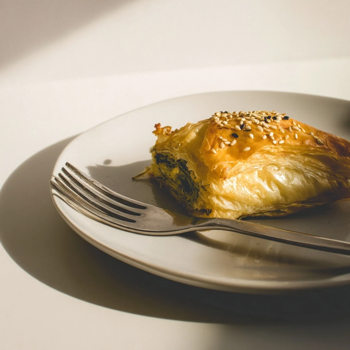 Golden-brown flaky puff pastry filled with creamy feta and vibrant spinach, served warm as a Mediterranean appetizer or light lunch.