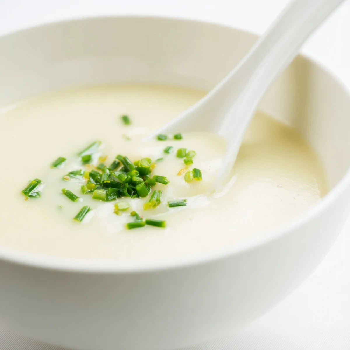 A bowl of creamy potato leek soup garnished with fresh chives and a swirl of cream.