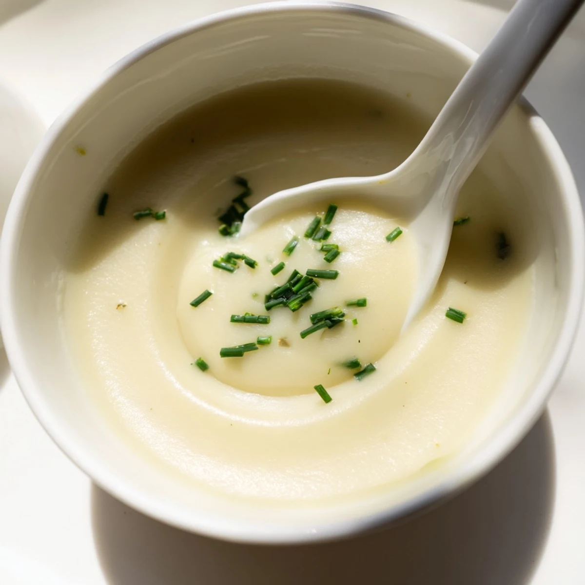 Creamy potato leek soup in a rustic white bowl, steaming gently on a wooden table.