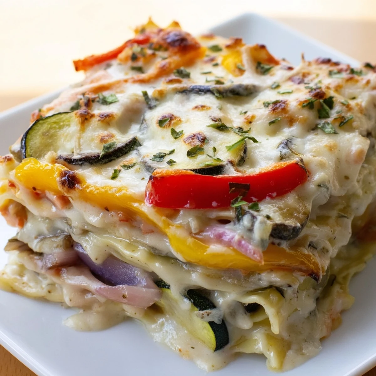Golden, bubbling roasted vegetable lasagna with white sauce emerges from the oven, its cheesy top crust promising a comforting vegetarian dinner for six.  