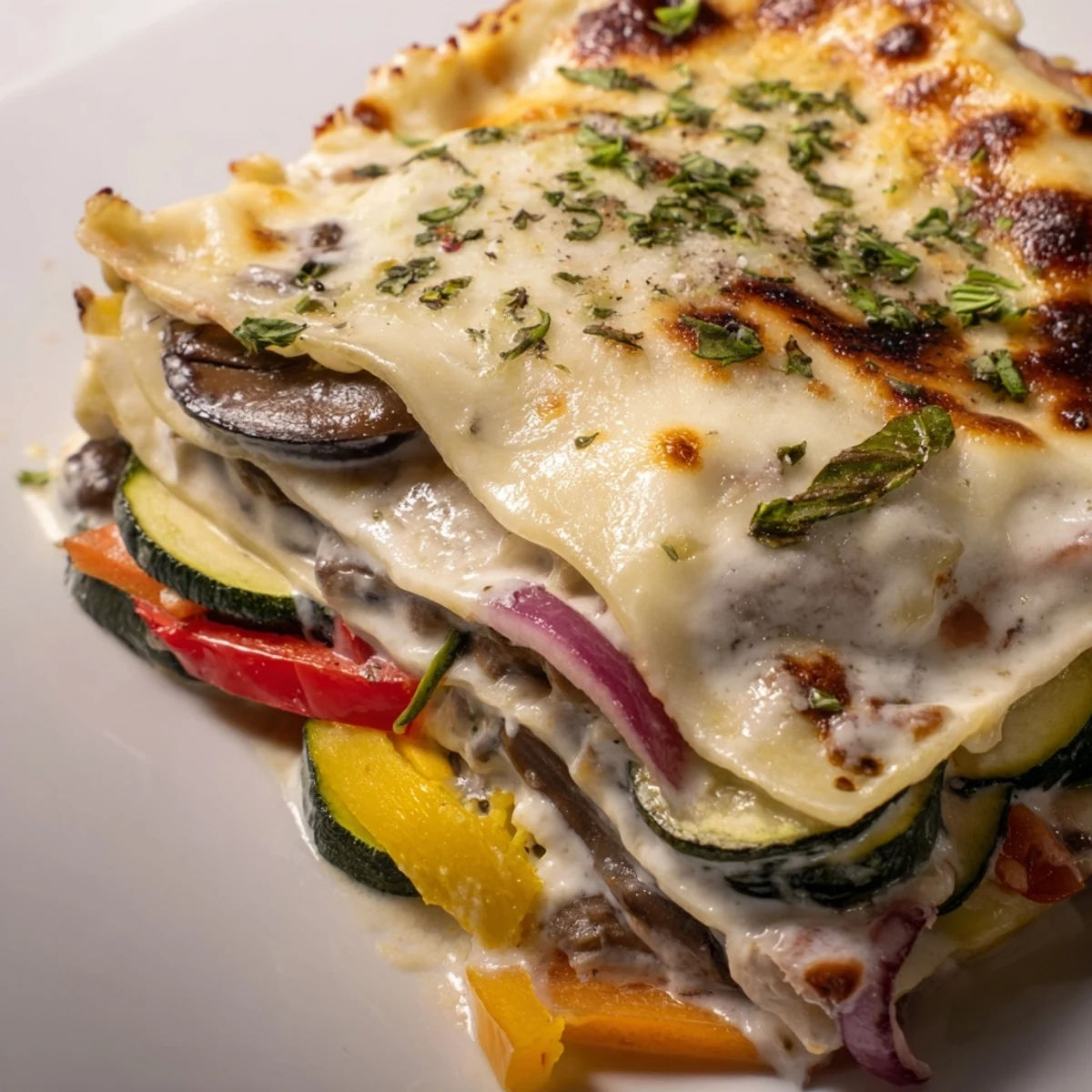 A slice of roasted vegetable lasagna with white sauce rests on a white plate, showcasing layers of tender noodles, creamy béchamel, and vibrant roasted zucchini and bell peppers, garnished with fresh basil.  