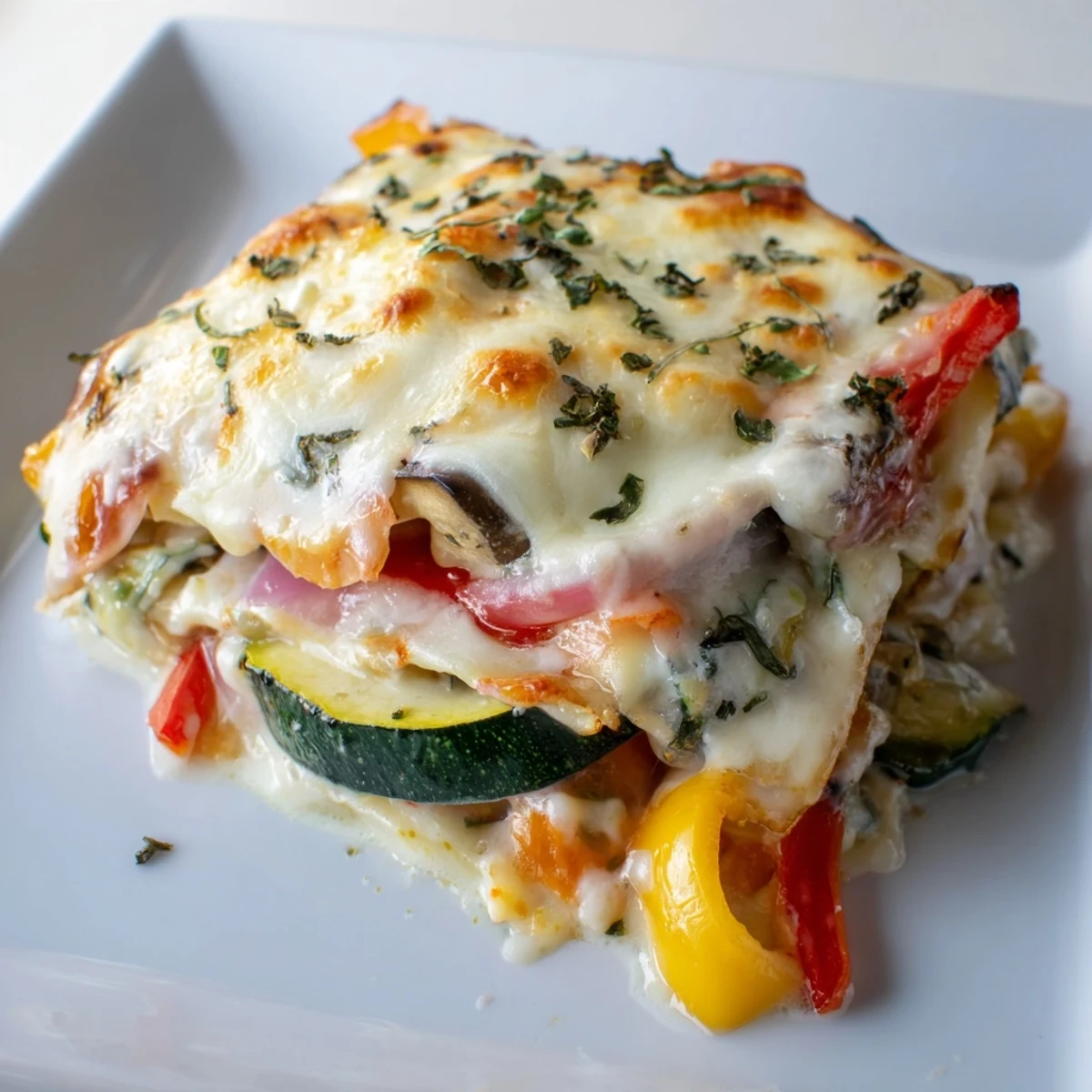 Close-up of a serving of roasted vegetable lasagna with white sauce, revealing creamy béchamel between tender pasta sheets and caramelized roasted vegetables.