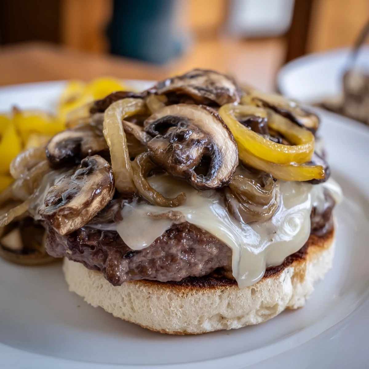 A gourmet Mushroom and Swiss Burger featuring sautéed mushrooms, sweet caramelized onions, and Swiss cheese on a buttery, toasted bun.