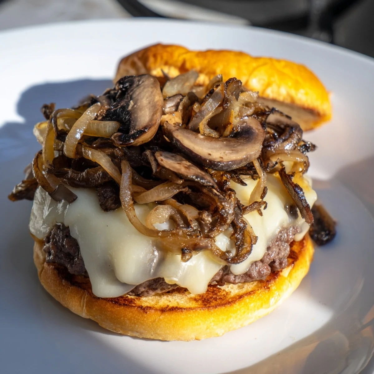 Juicy Mushroom and Swiss Burger with caramelized onions and melted cheese on a toasted bun, served with golden fries.